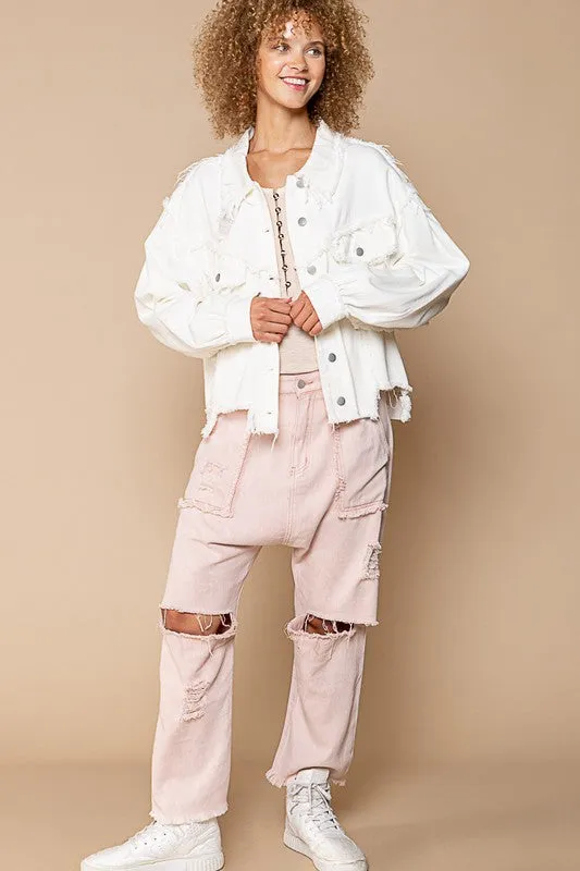 POL Distressed Balloon Sleeve Jacket - Ivory