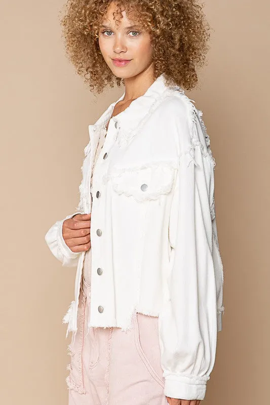 POL Distressed Balloon Sleeve Jacket - Ivory