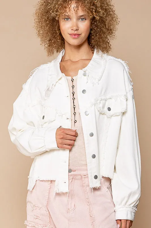 POL Distressed Balloon Sleeve Jacket - Ivory