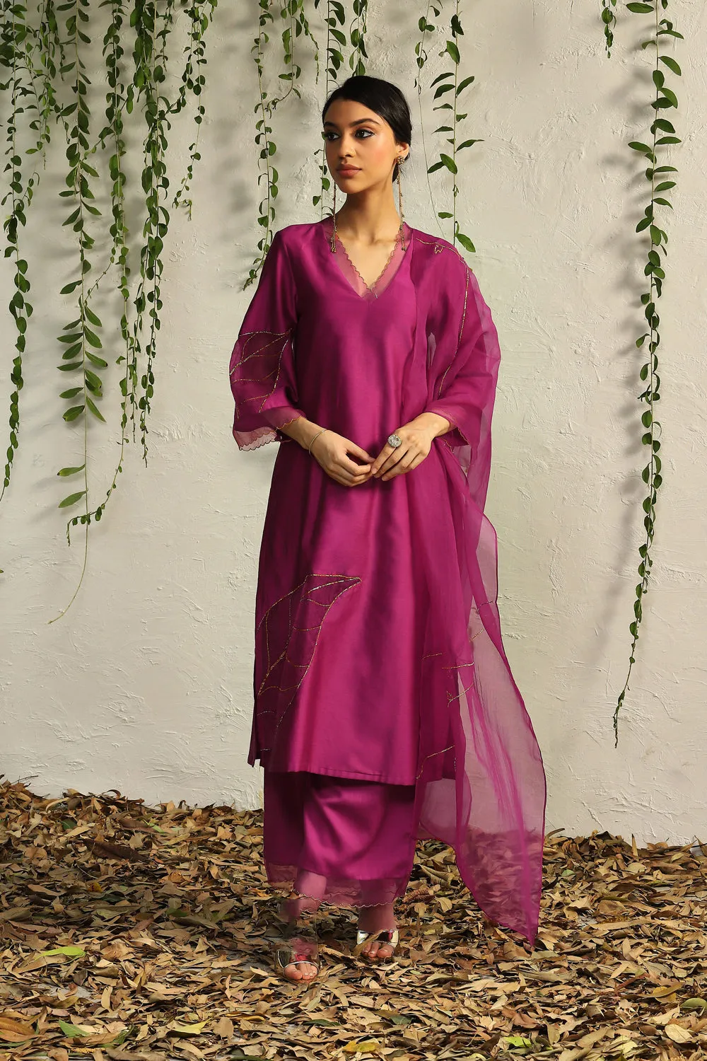 Pop Pink Chanderi Straight Kurta Set- Set Of 3