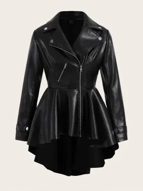 Privé Zip Up High Low Hem PU Leather Coat