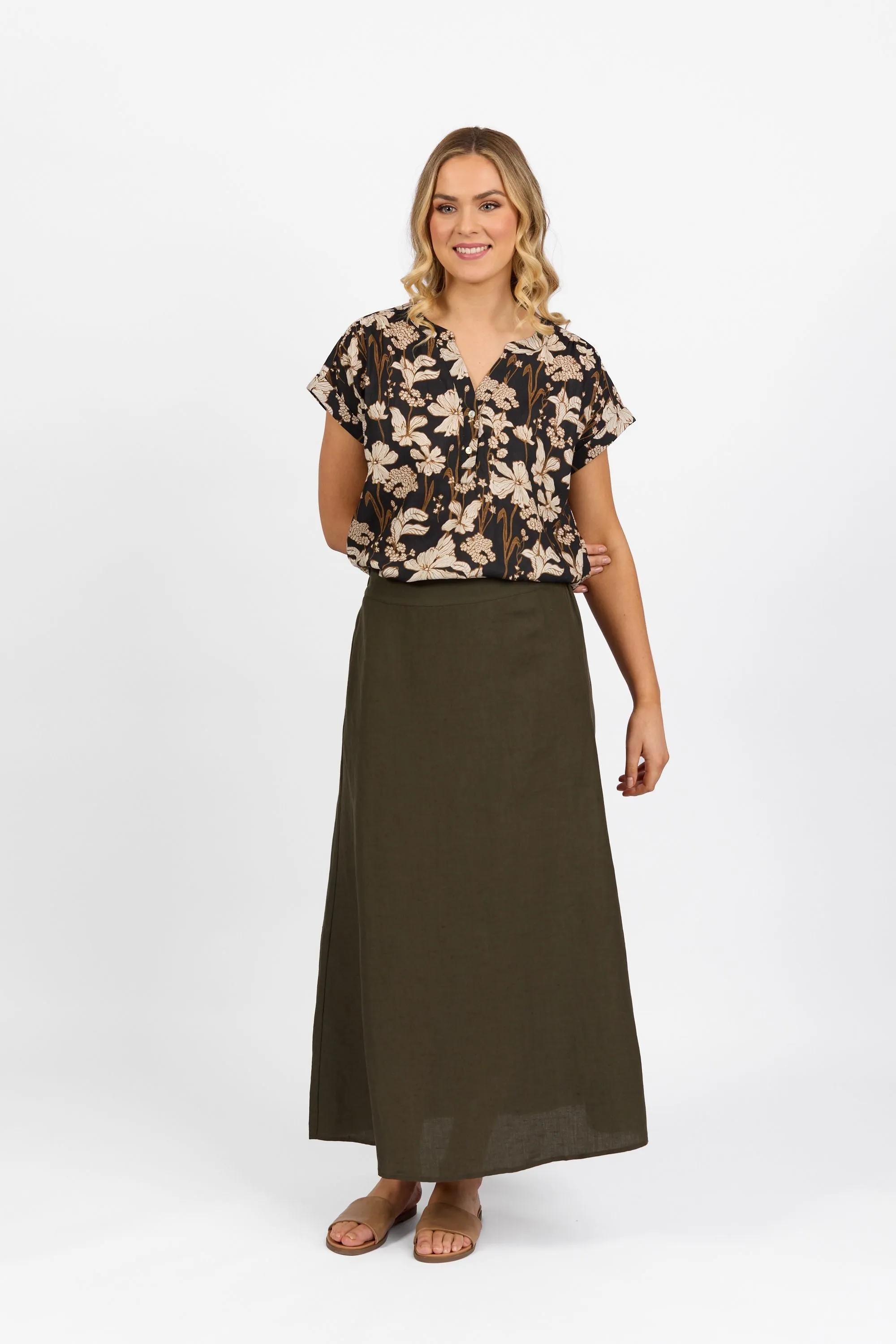 Pull On Skirt with Elastic Waistband - Khaki