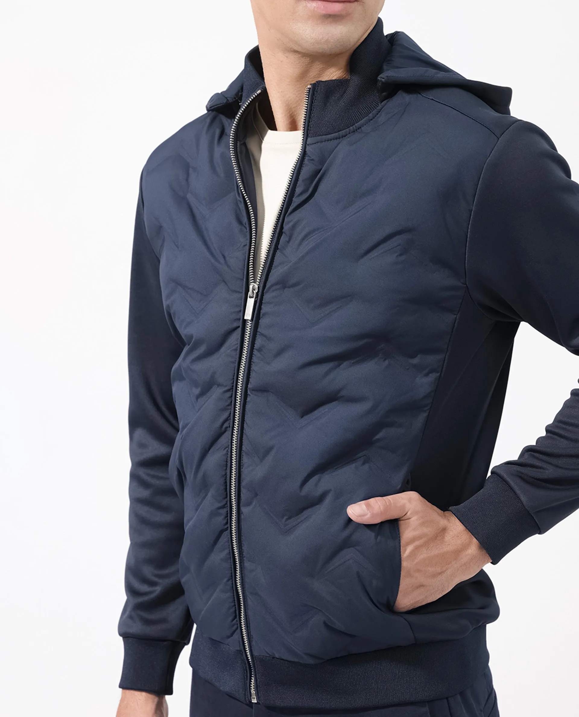 Rare Rabbit Men's Bonita Navy Polyester Fabric Full Sleeves Zipper Closure Hooded Quilted Jacket