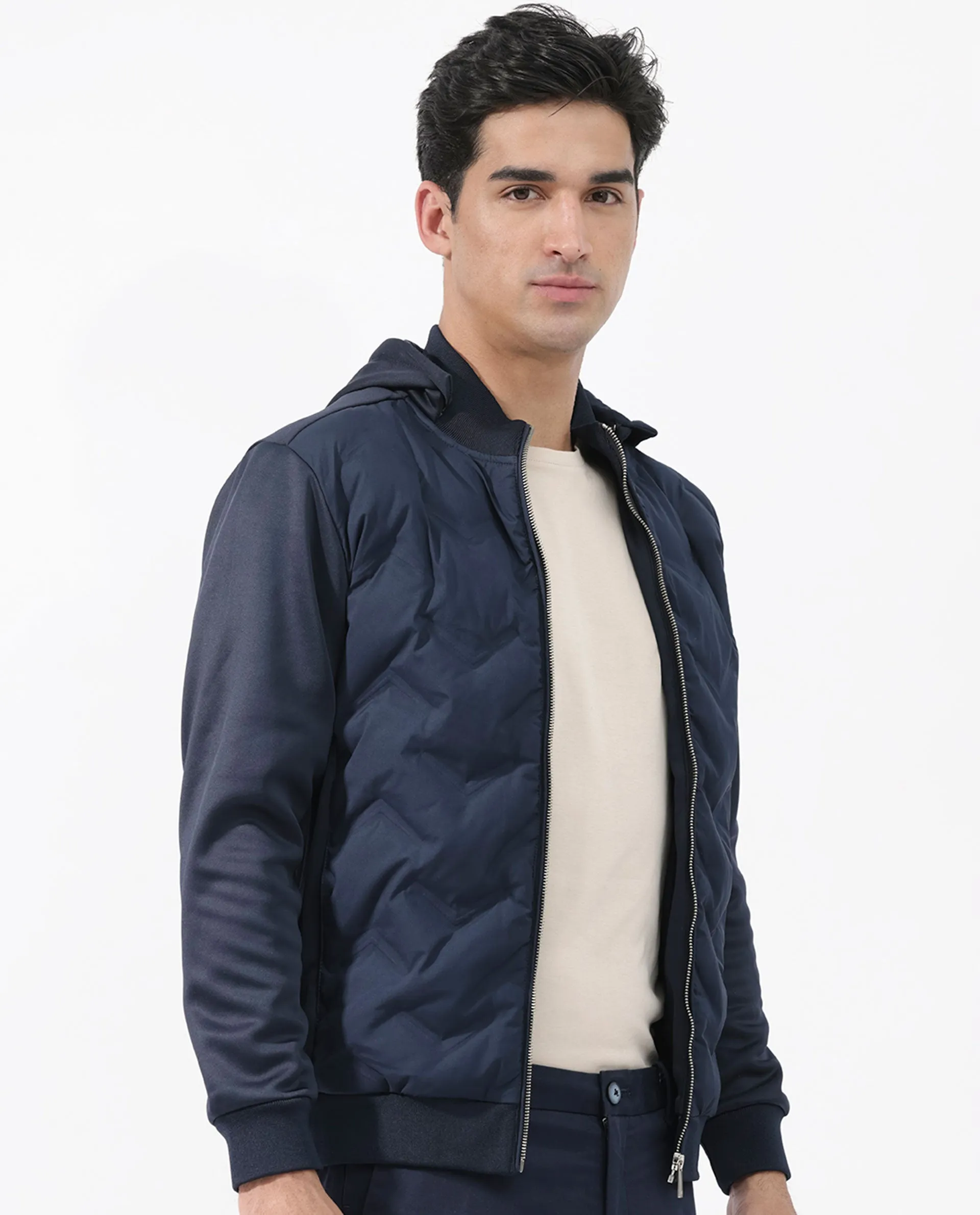 Rare Rabbit Men's Bonita Navy Polyester Fabric Full Sleeves Zipper Closure Hooded Quilted Jacket