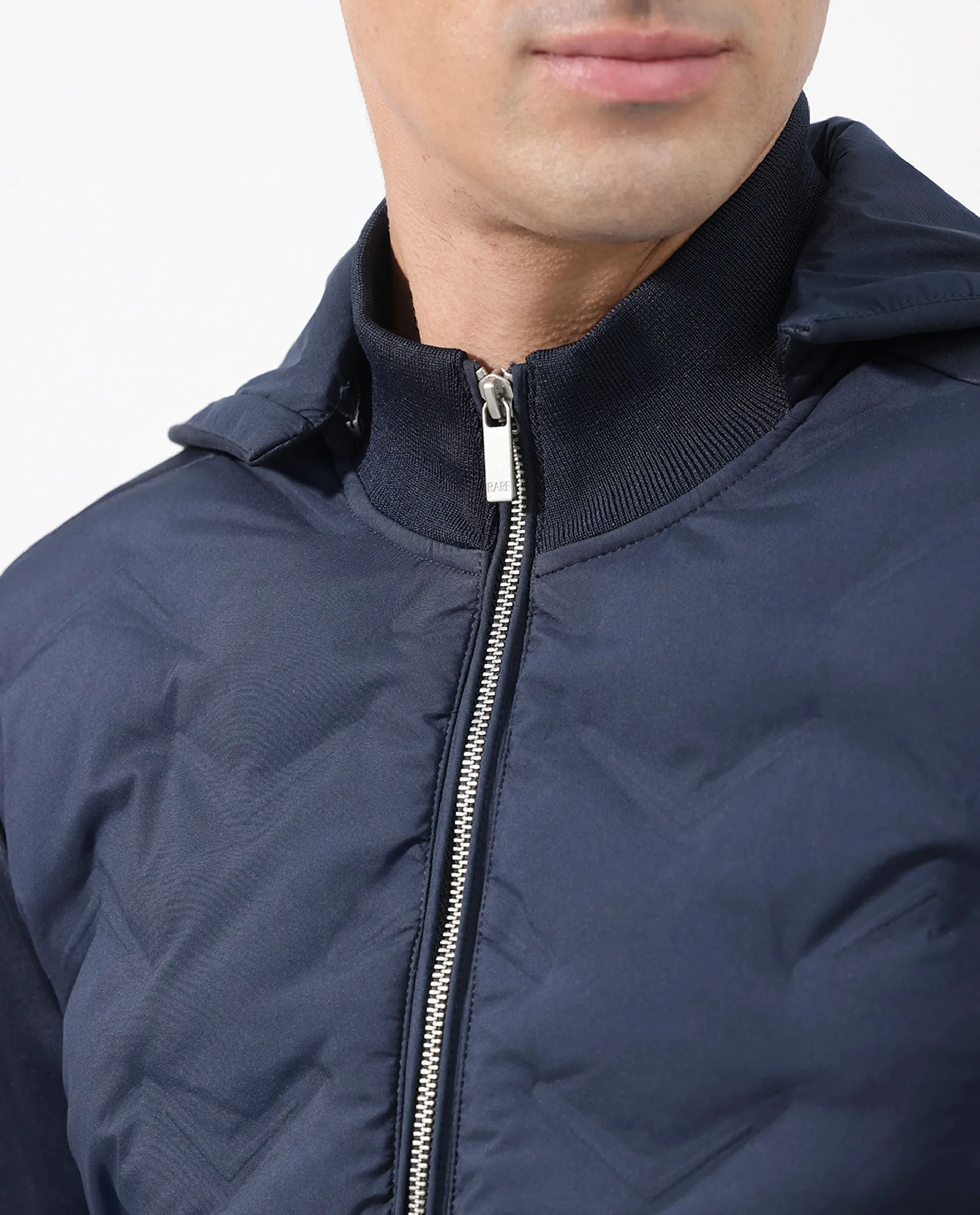 Rare Rabbit Men's Bonita Navy Polyester Fabric Full Sleeves Zipper Closure Hooded Quilted Jacket