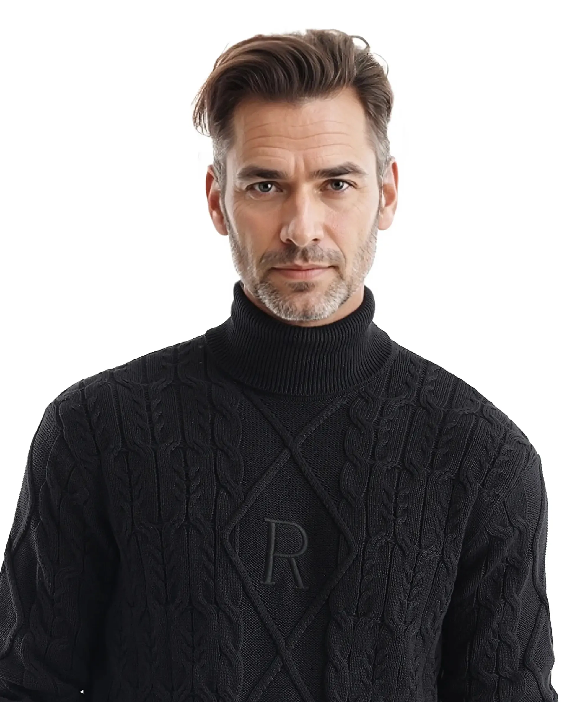 Rare Rabbit Men's Cong-1 Black Cotton Fabric Full Sleeve Turtleneck Cable Knit Sweater