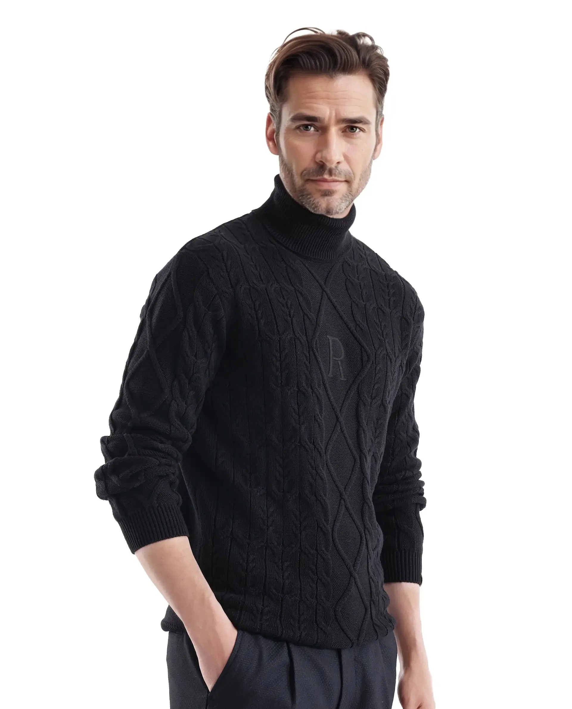 Rare Rabbit Men's Cong-1 Black Cotton Fabric Full Sleeve Turtleneck Cable Knit Sweater