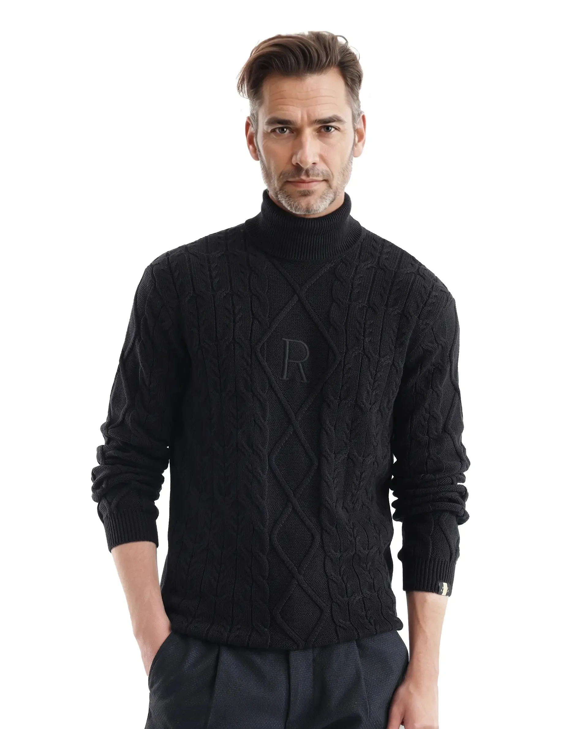 Rare Rabbit Men's Cong-1 Black Cotton Fabric Full Sleeve Turtleneck Cable Knit Sweater