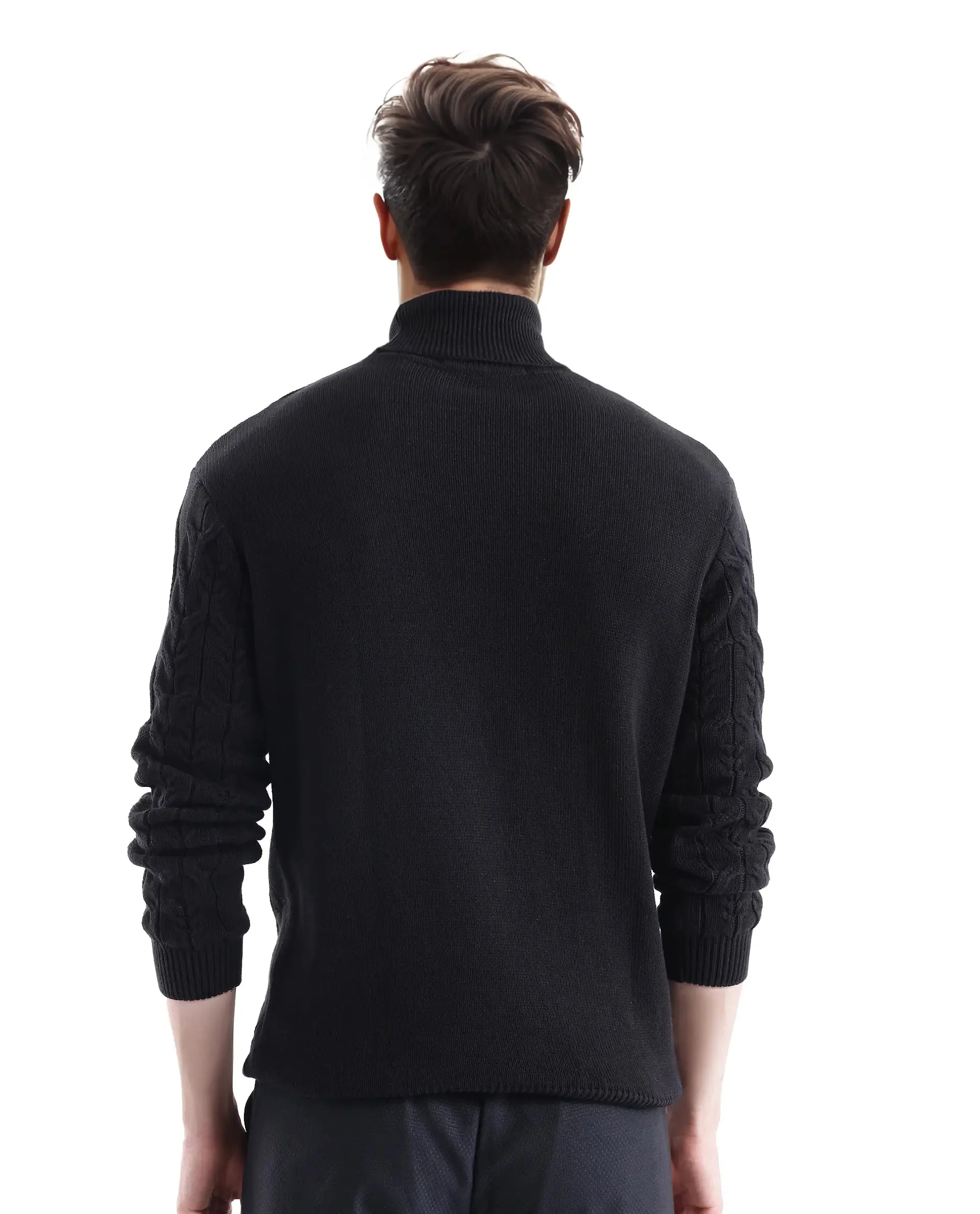 Rare Rabbit Men's Cong-1 Black Cotton Fabric Full Sleeve Turtleneck Cable Knit Sweater