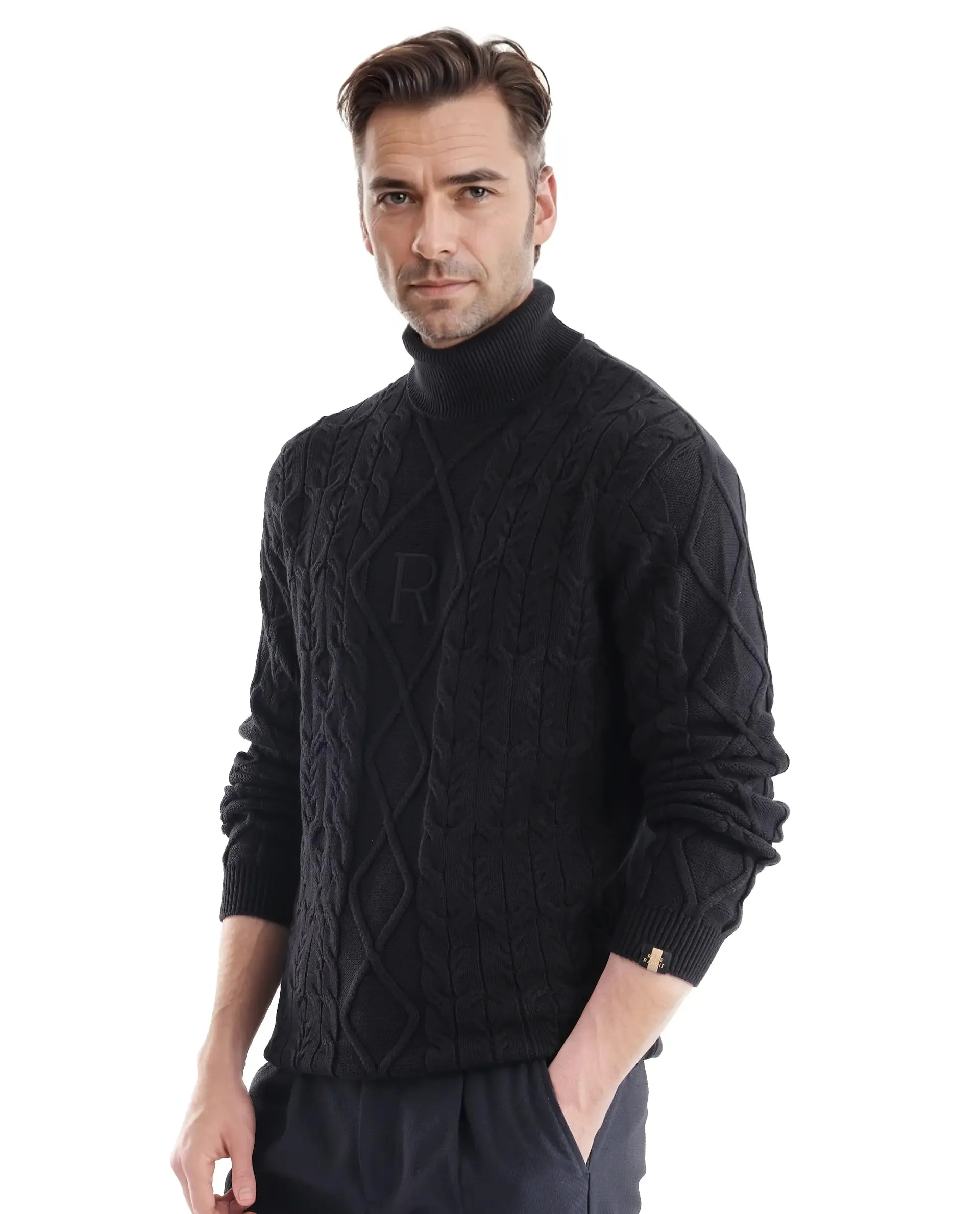 Rare Rabbit Men's Cong-1 Black Cotton Fabric Full Sleeve Turtleneck Cable Knit Sweater