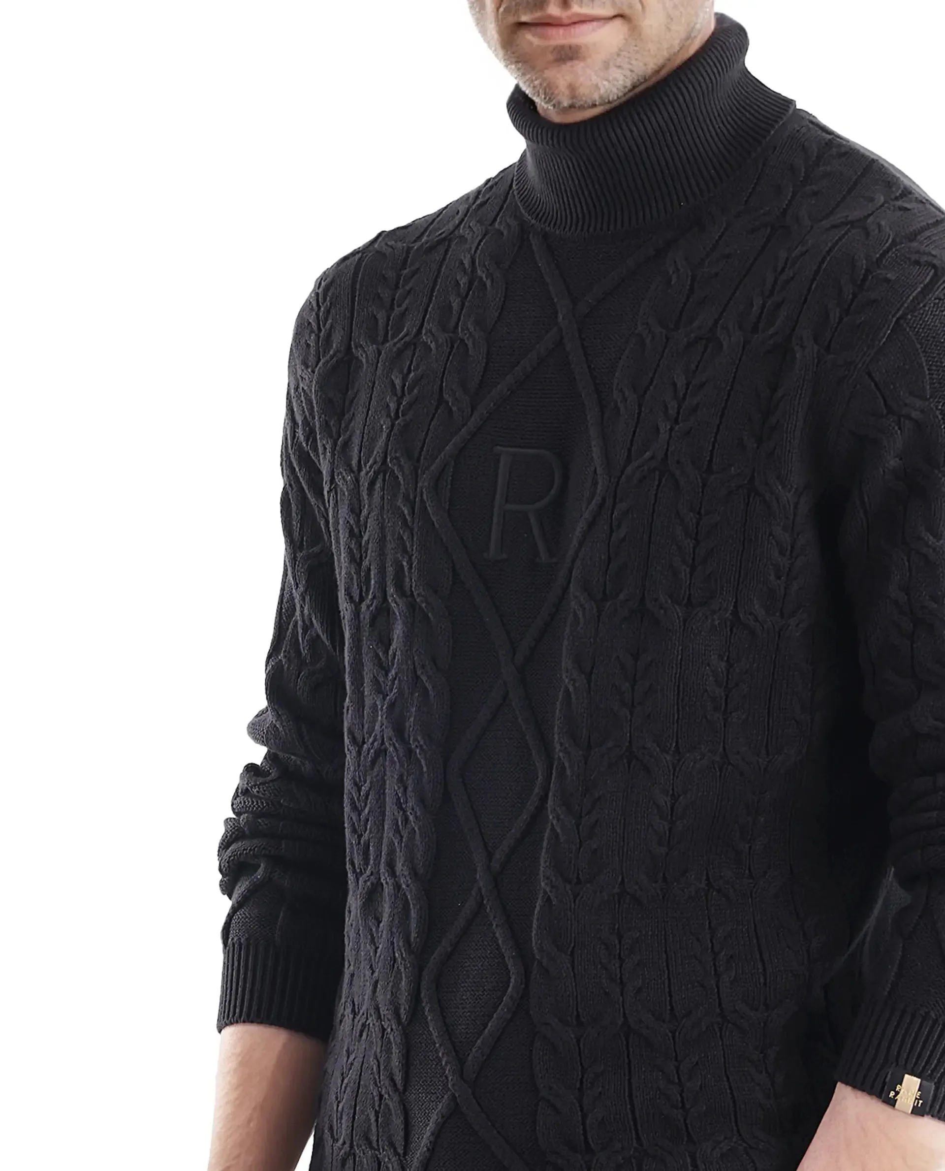 Rare Rabbit Men's Cong-1 Black Cotton Fabric Full Sleeve Turtleneck Cable Knit Sweater