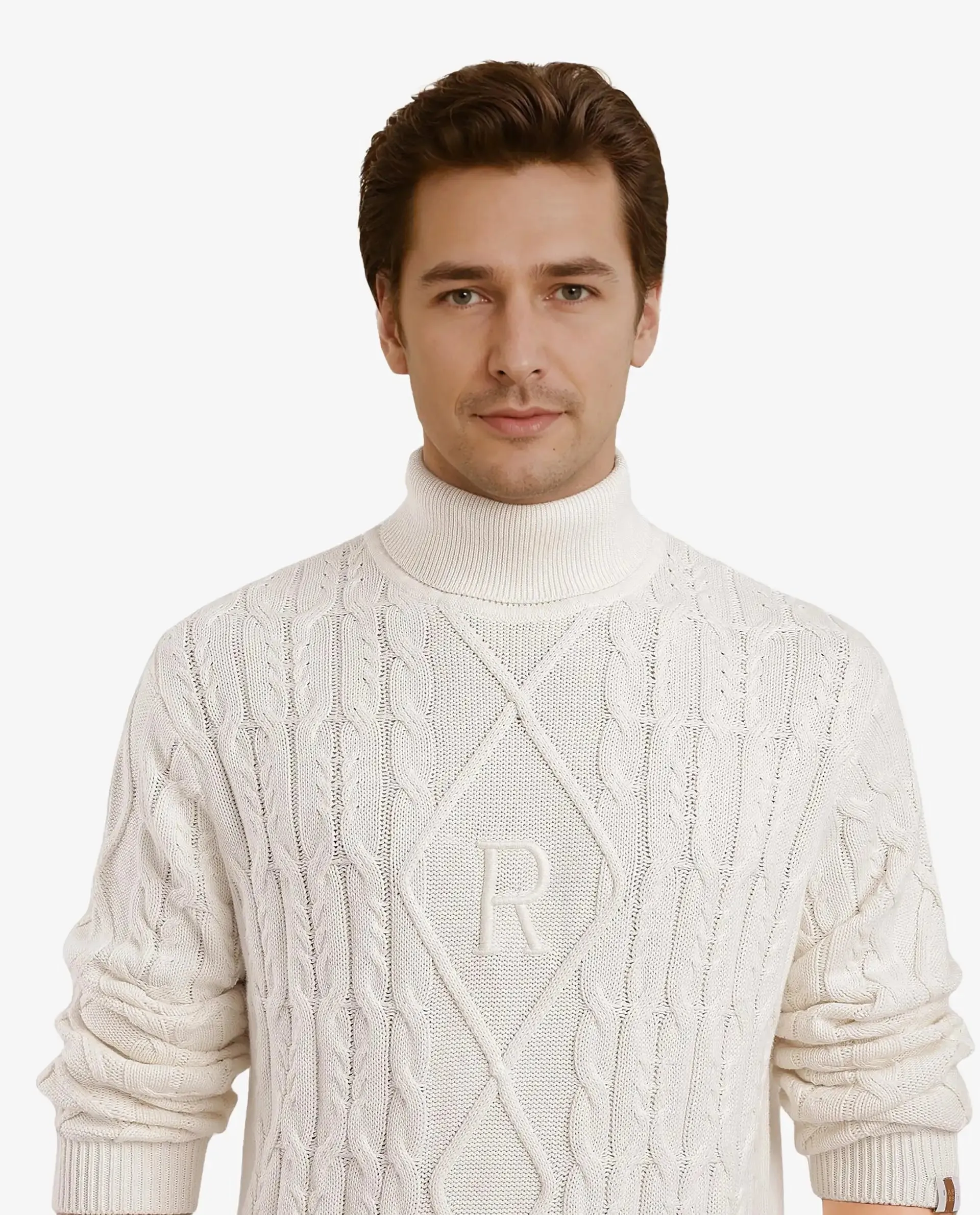 Rare Rabbit Men's Cong-1 White Cotton Fabric Full Sleeve Turtleneck Cable Knit Sweater