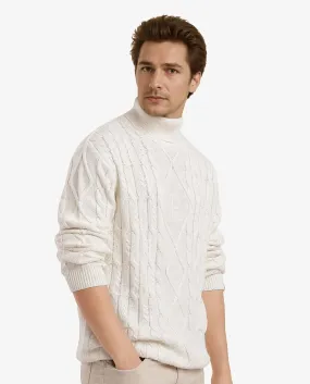 Rare Rabbit Men's Cong-1 White Cotton Fabric Full Sleeve Turtleneck Cable Knit Sweater