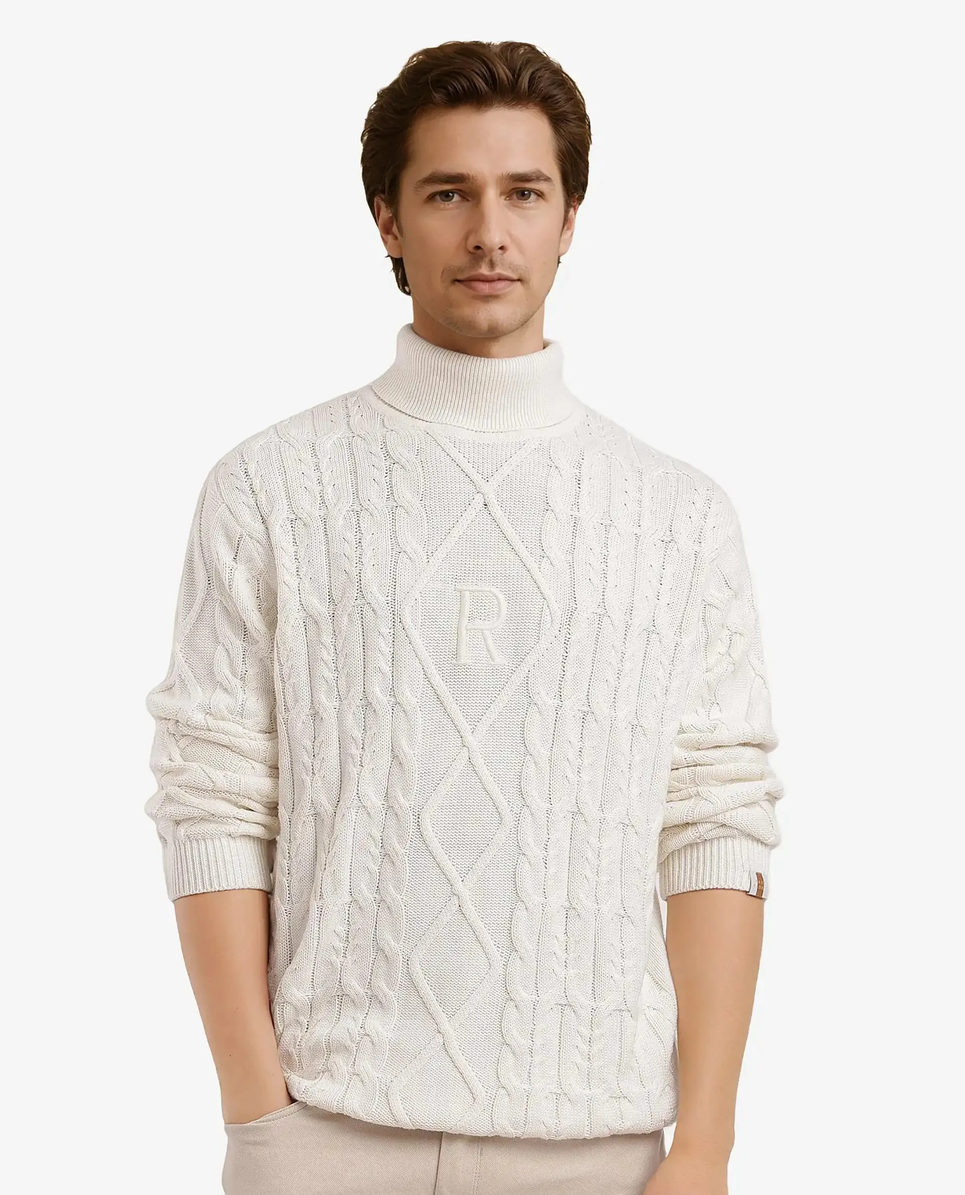 Rare Rabbit Men's Cong-1 White Cotton Fabric Full Sleeve Turtleneck Cable Knit Sweater