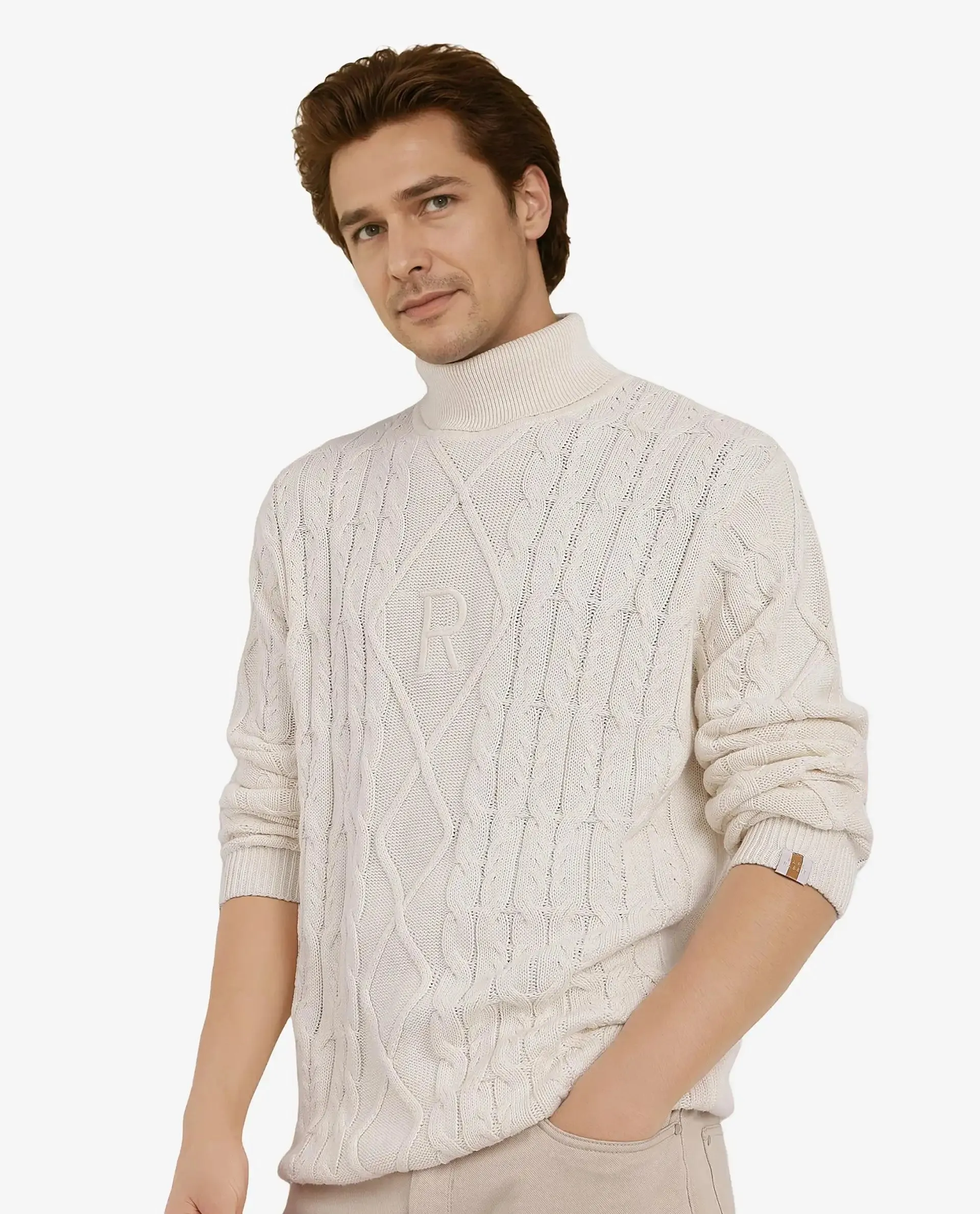 Rare Rabbit Men's Cong-1 White Cotton Fabric Full Sleeve Turtleneck Cable Knit Sweater