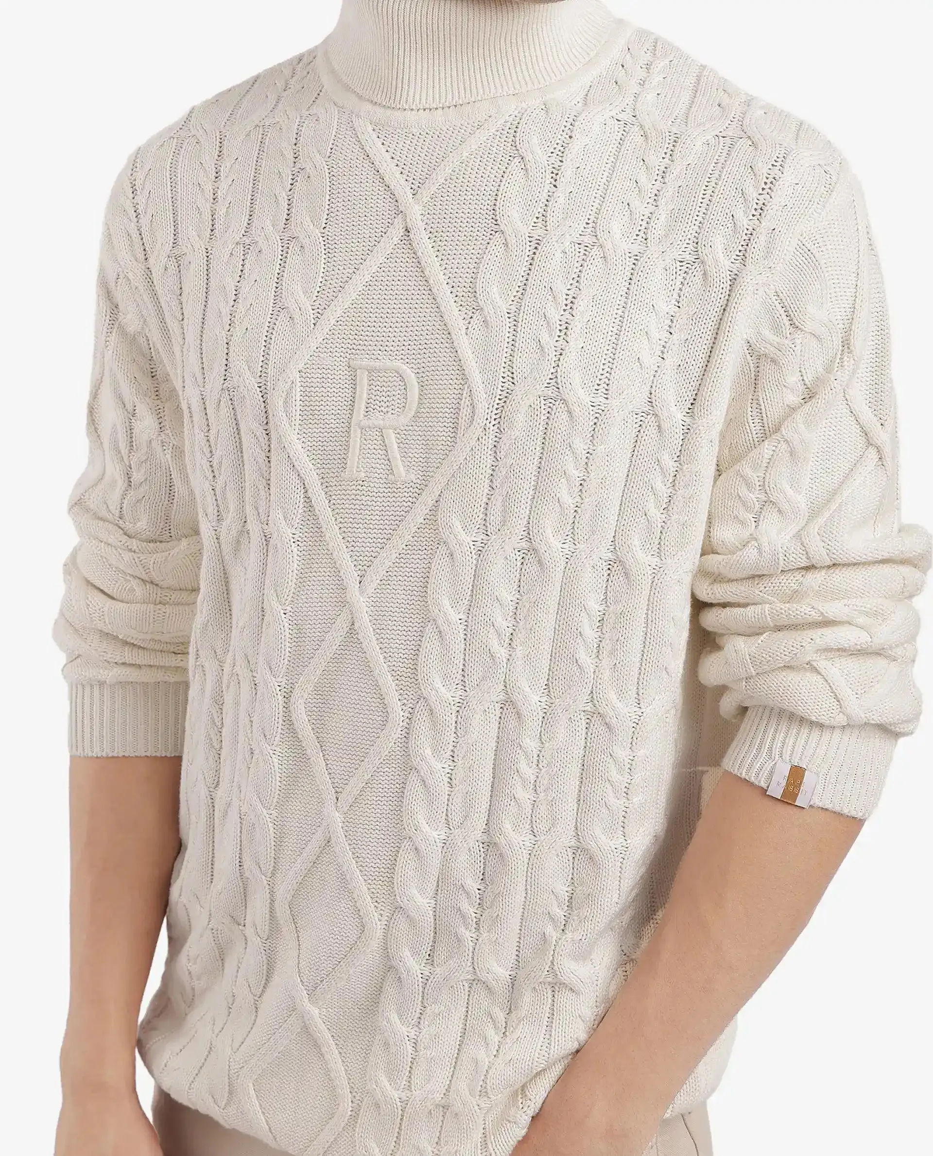 Rare Rabbit Men's Cong-1 White Cotton Fabric Full Sleeve Turtleneck Cable Knit Sweater