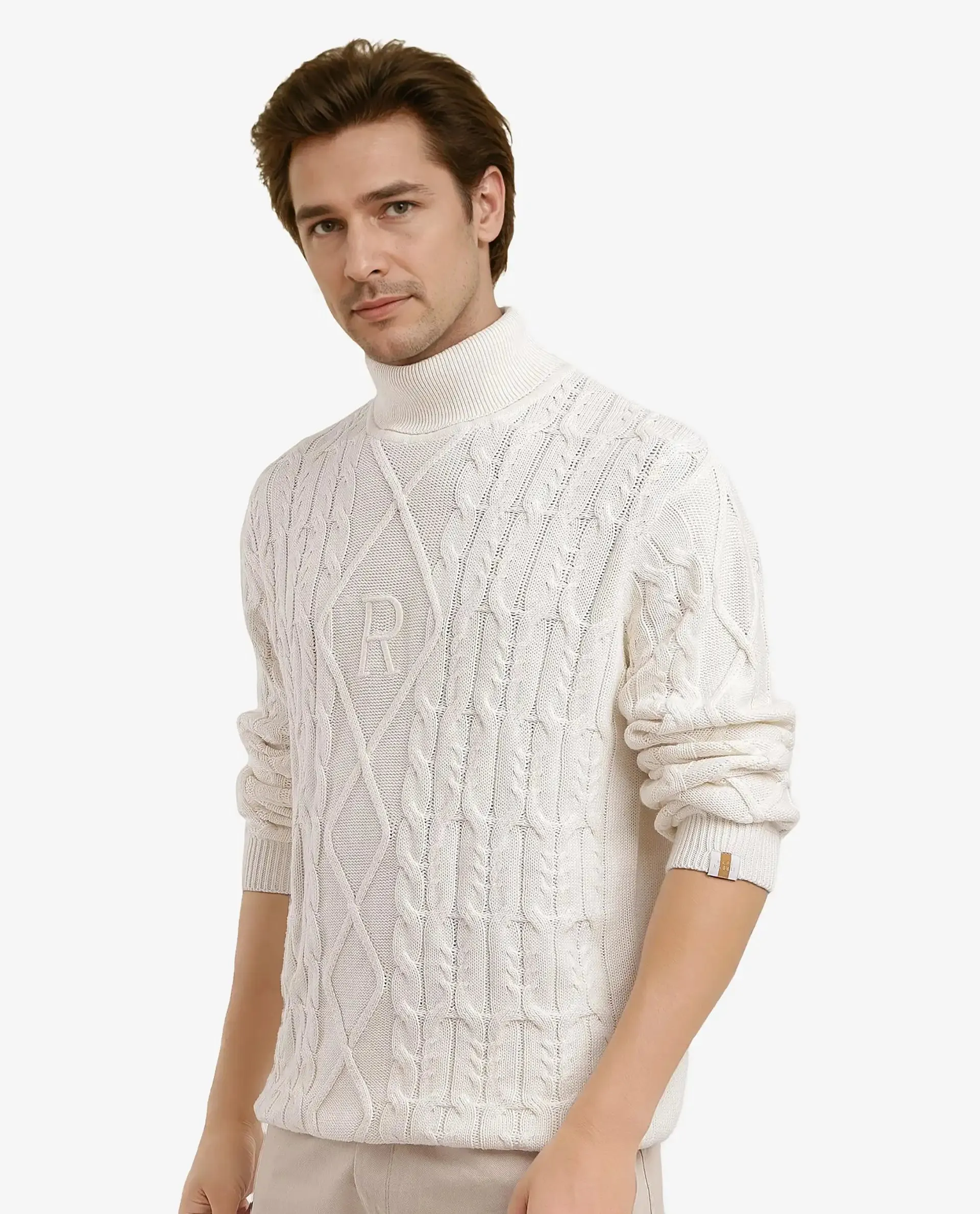 Rare Rabbit Men's Cong-1 White Cotton Fabric Full Sleeve Turtleneck Cable Knit Sweater