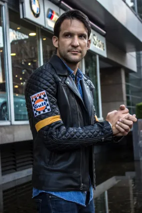 REBEL CAFE Leather Jacket BLACK Quilted GOLD stripes & Gulf Ed.