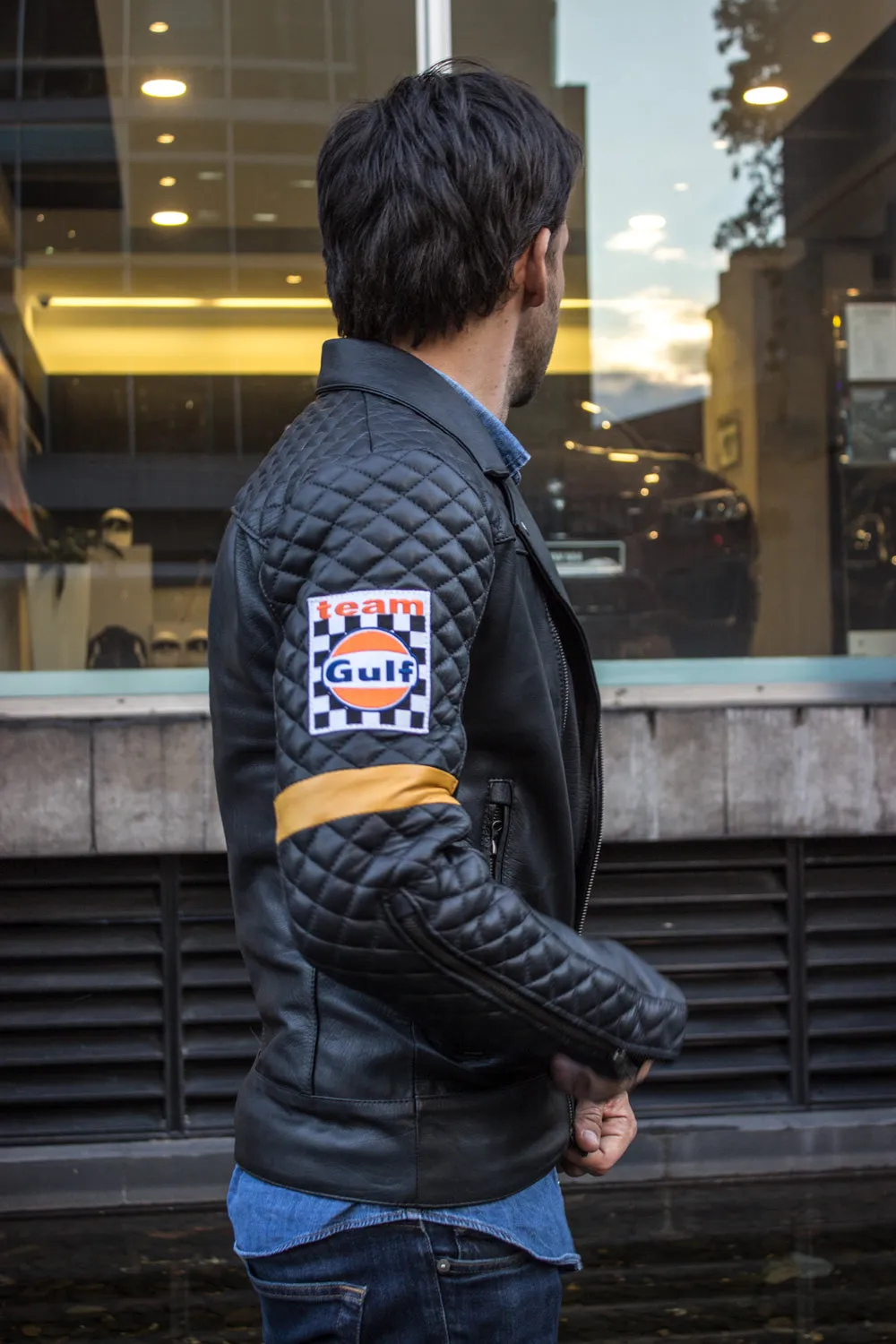 REBEL CAFE Leather Jacket BLACK Quilted GOLD stripes & Gulf Ed.