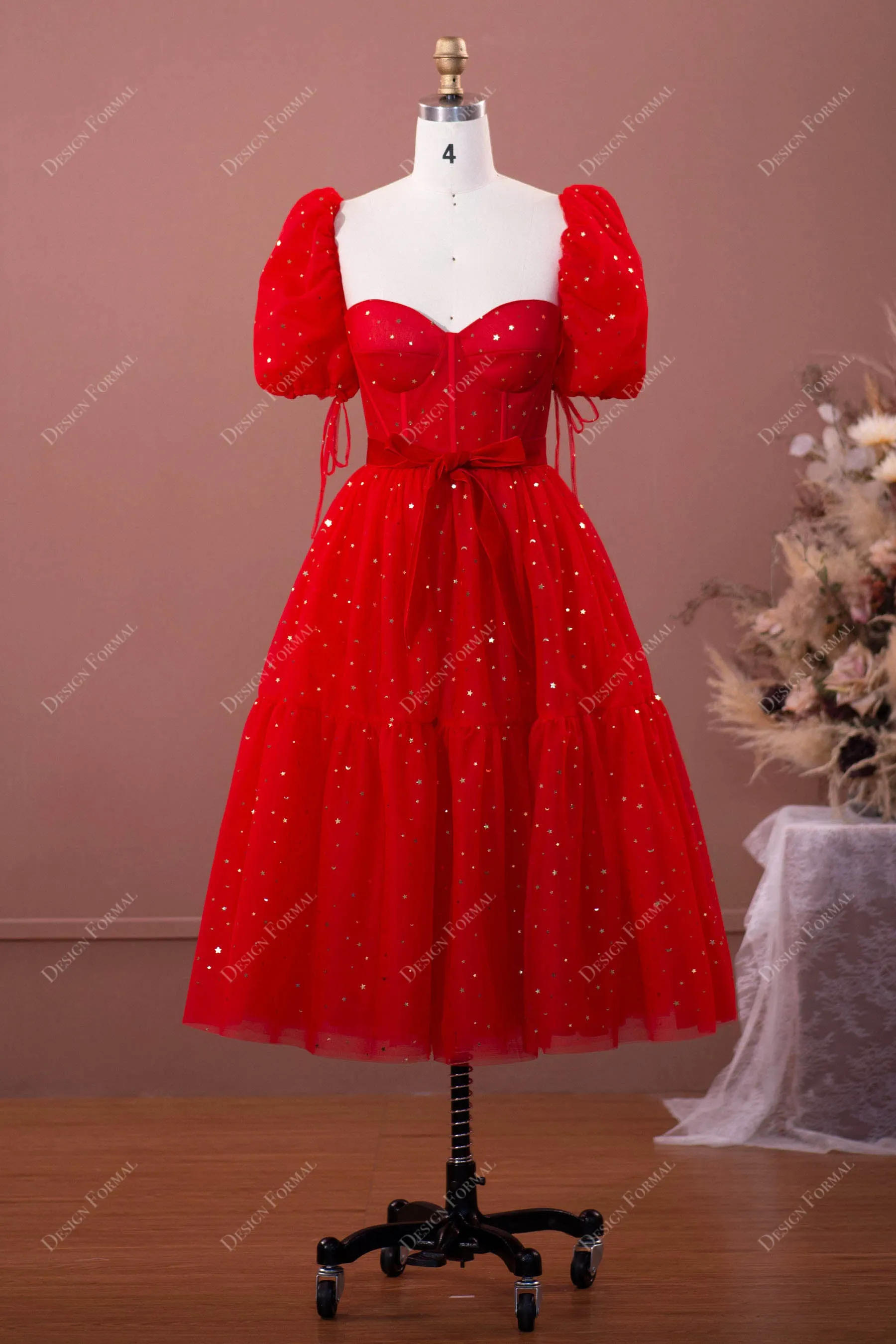 Red Sequin Tulle Puff Sleeve Corset Prom Dress