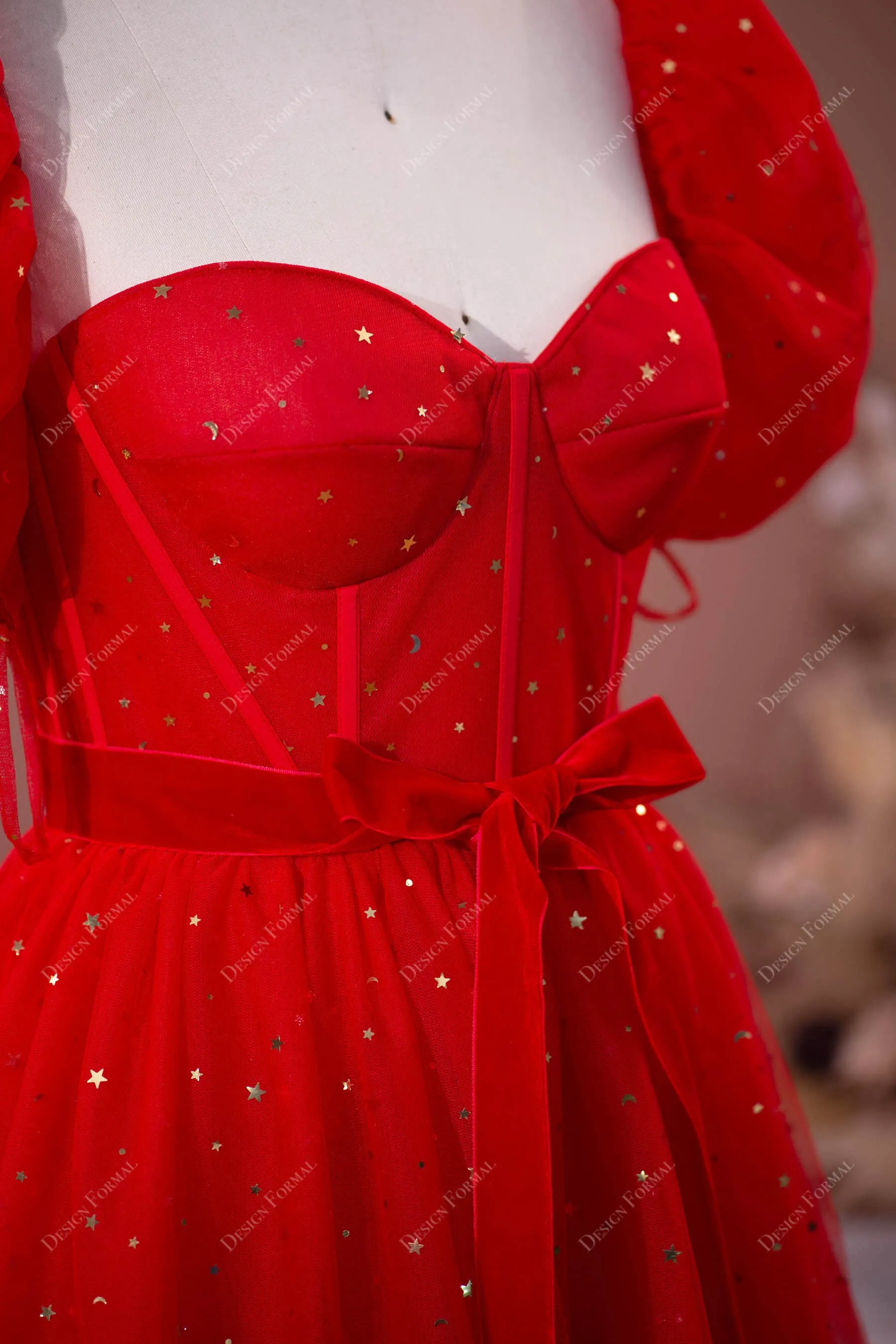 Red Sequin Tulle Puff Sleeve Corset Prom Dress