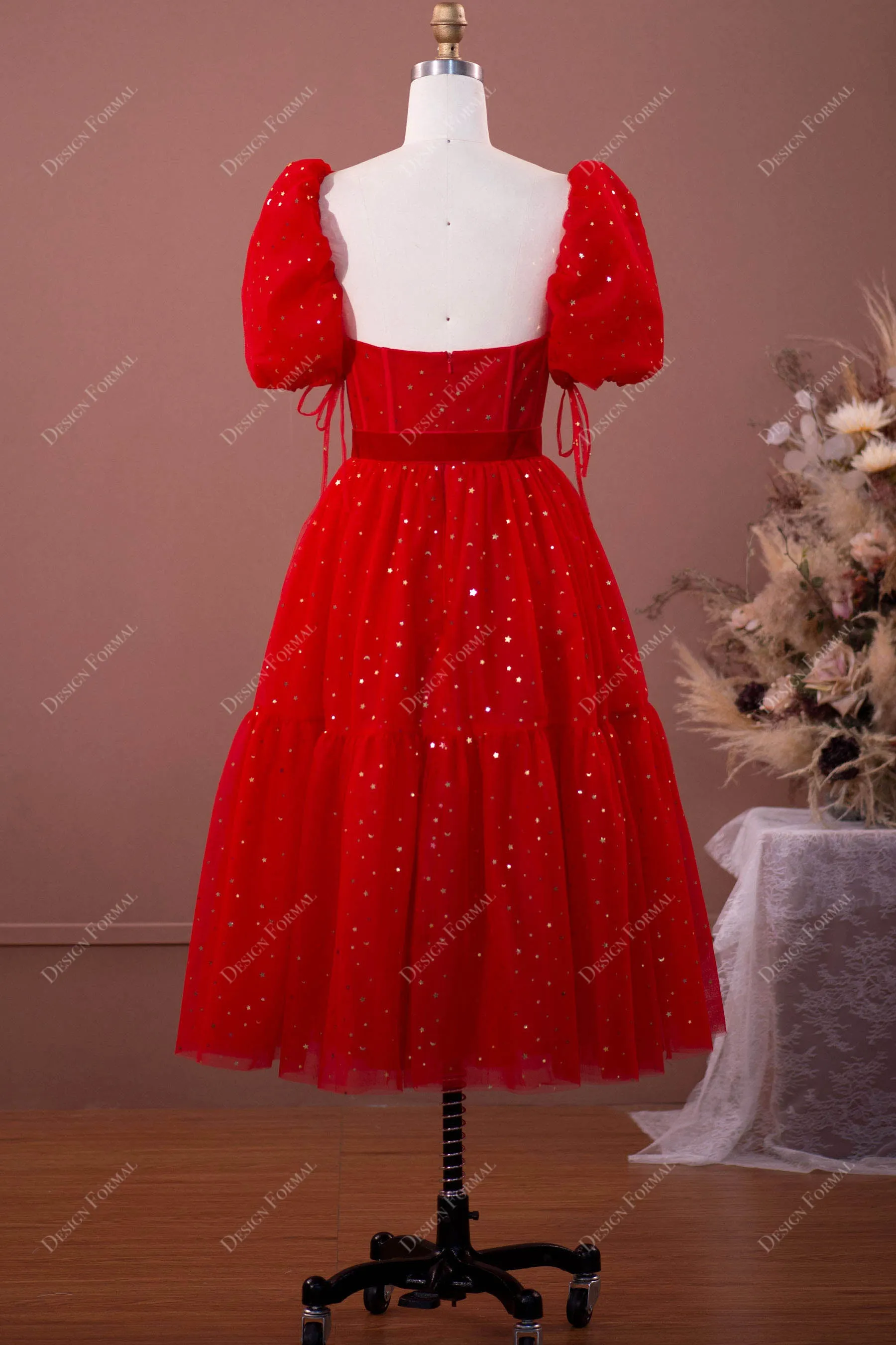 Red Sequin Tulle Puff Sleeve Corset Prom Dress