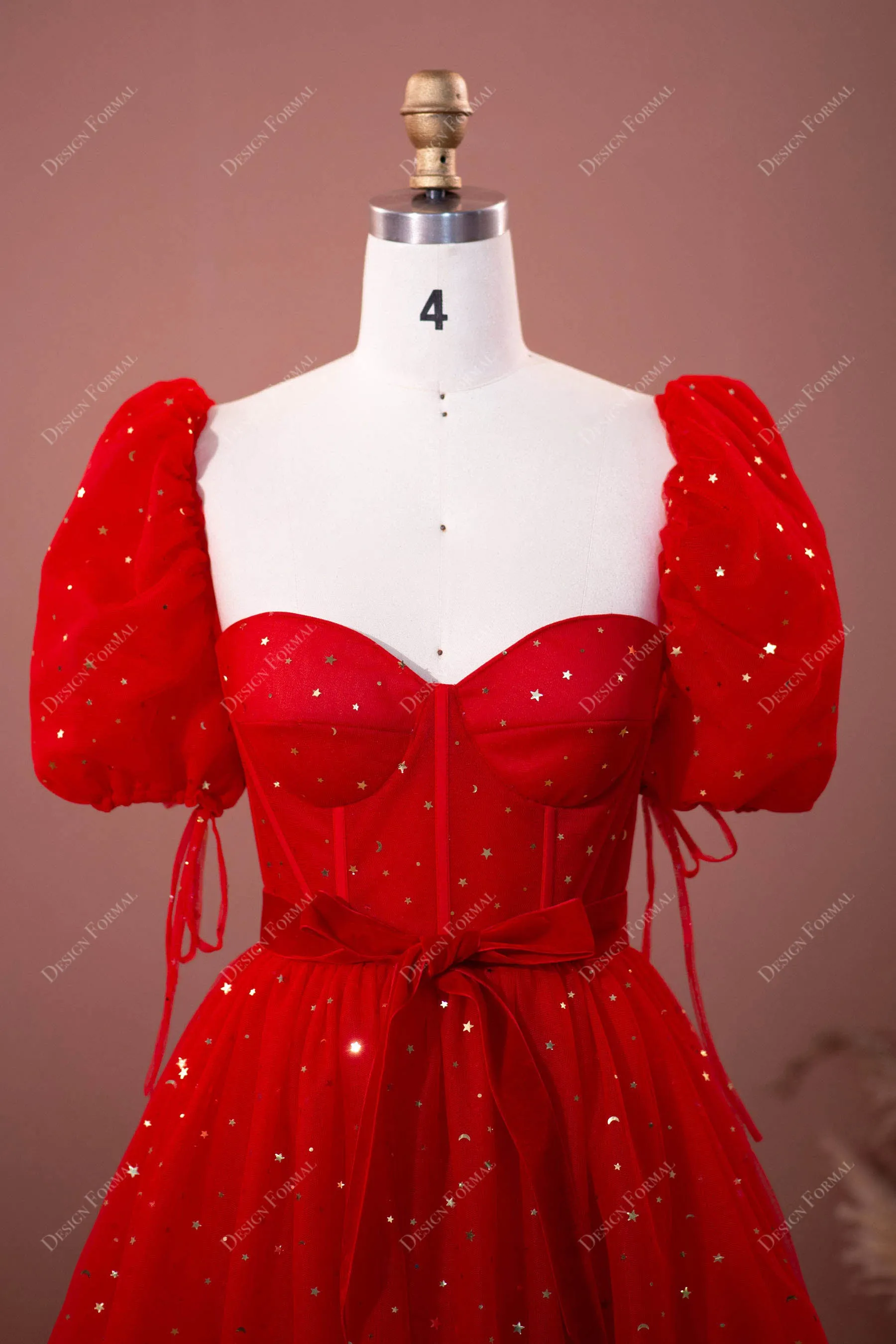 Red Sequin Tulle Puff Sleeve Corset Prom Dress