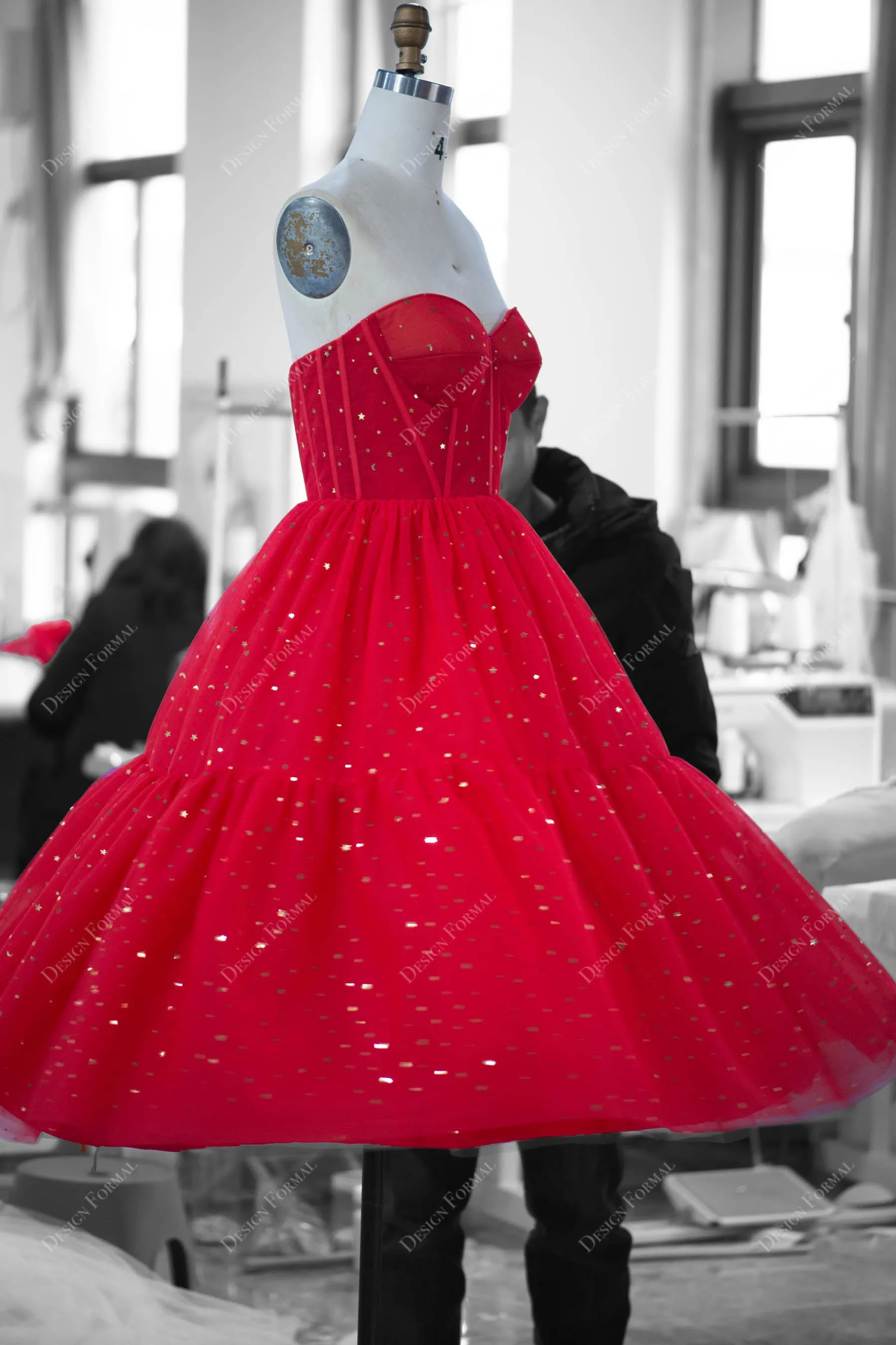 Red Sequin Tulle Puff Sleeve Corset Prom Dress