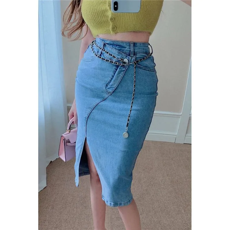 Retro Split Hem Midi Slimming Versatile High-Waisted Pencil Denim Skirt