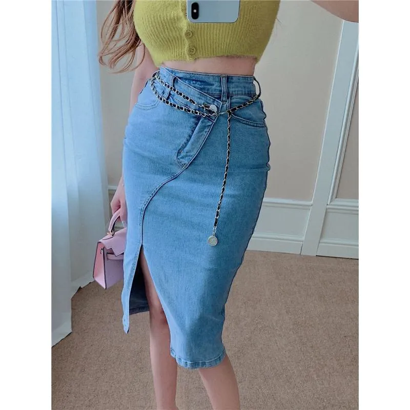 Retro Split Hem Midi Slimming Versatile High-Waisted Pencil Denim Skirt