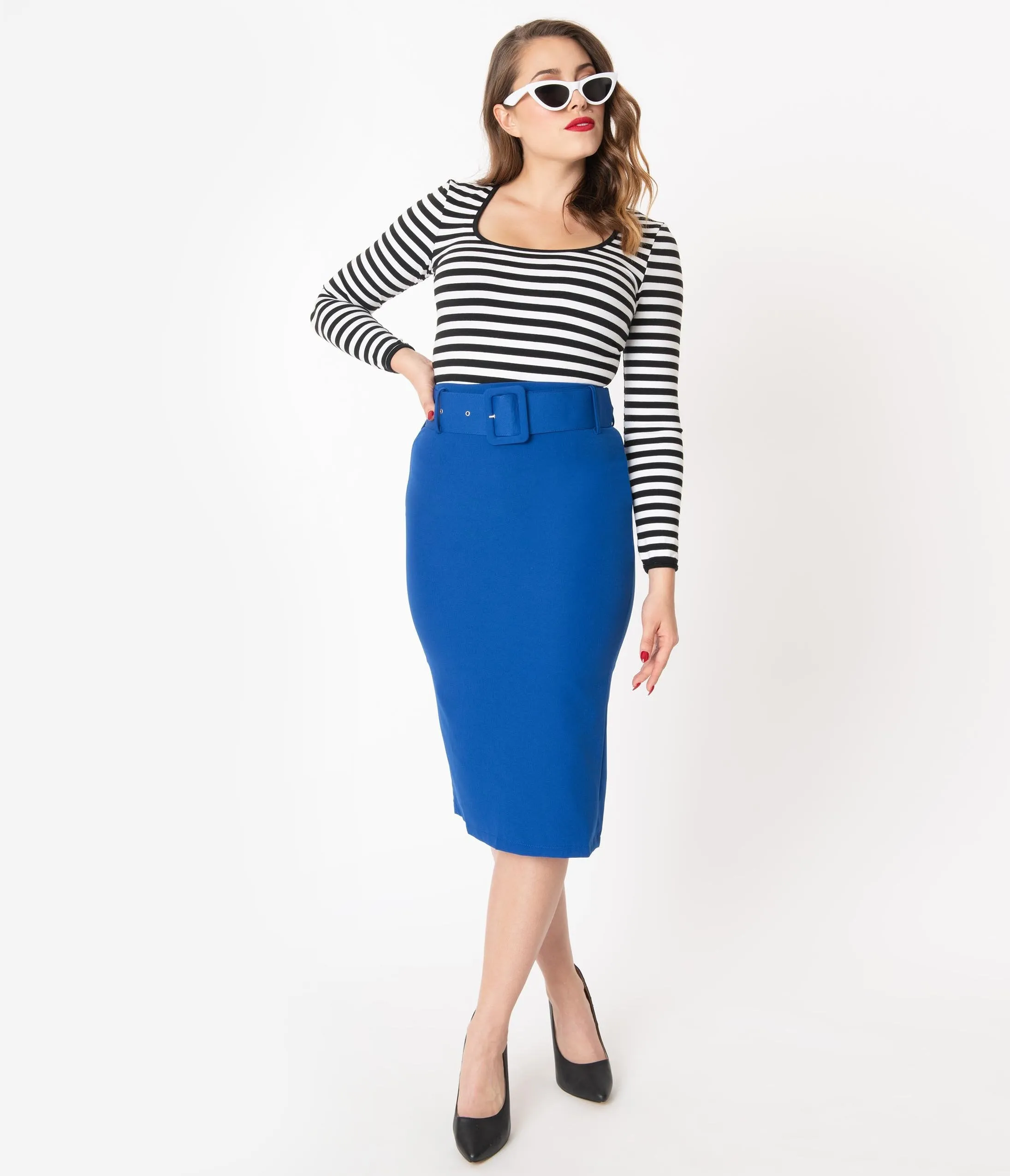 Retro Style Royal Blue Belted Pencil Skirt