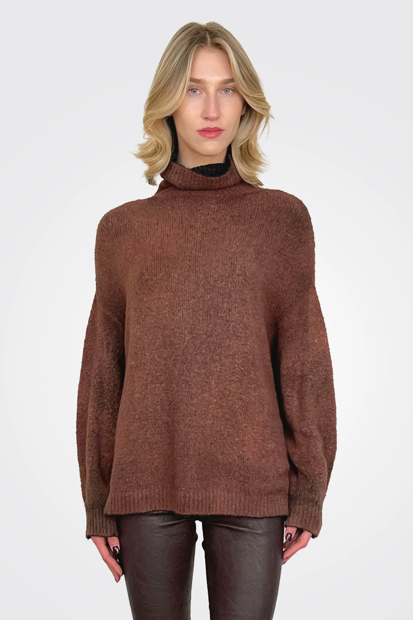 Reversible Knit Turtleneck - Brown Black