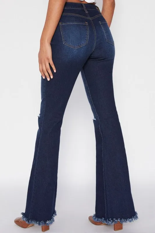 Ripped Dark High-Rise Flared Jean With Frayed Hem