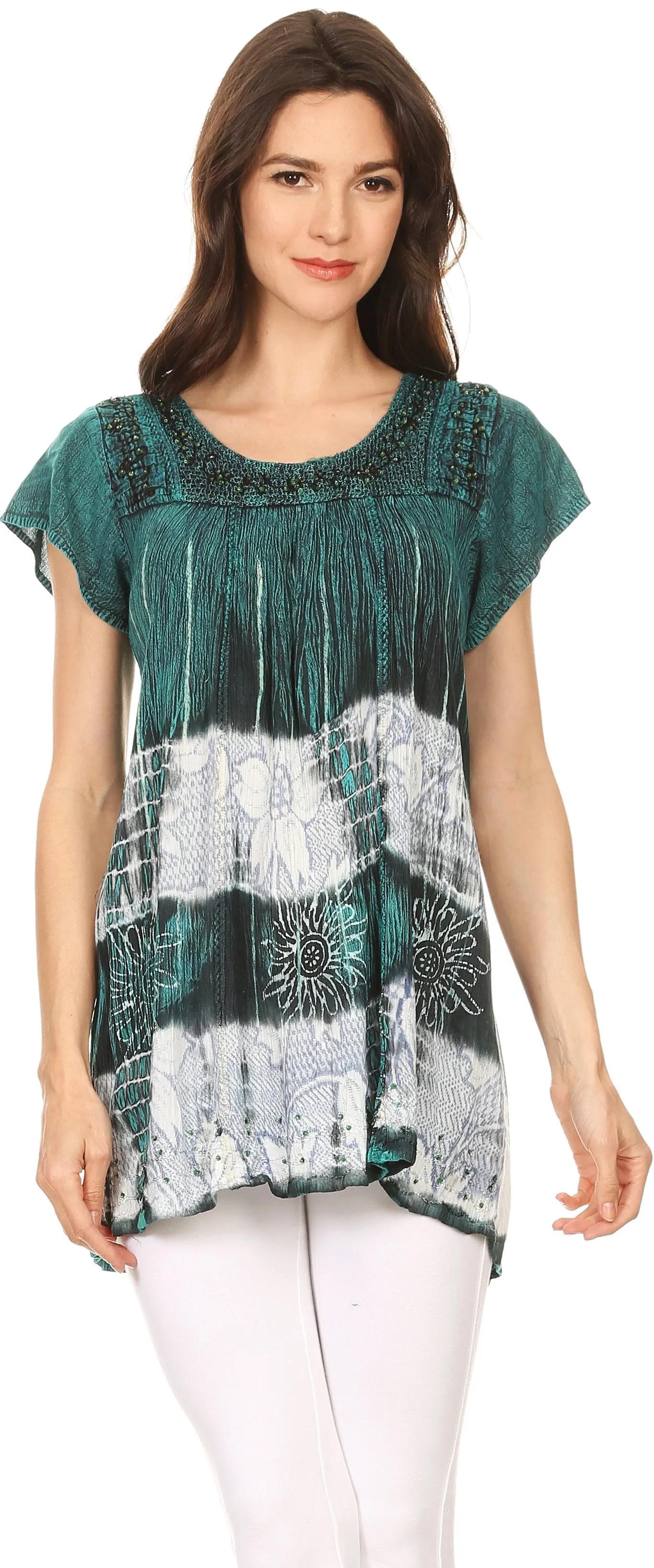 Sakkas Layleka Long Tie Dye Ombre Batik Embroidered Sequin Beaded Shirt Blouse Top