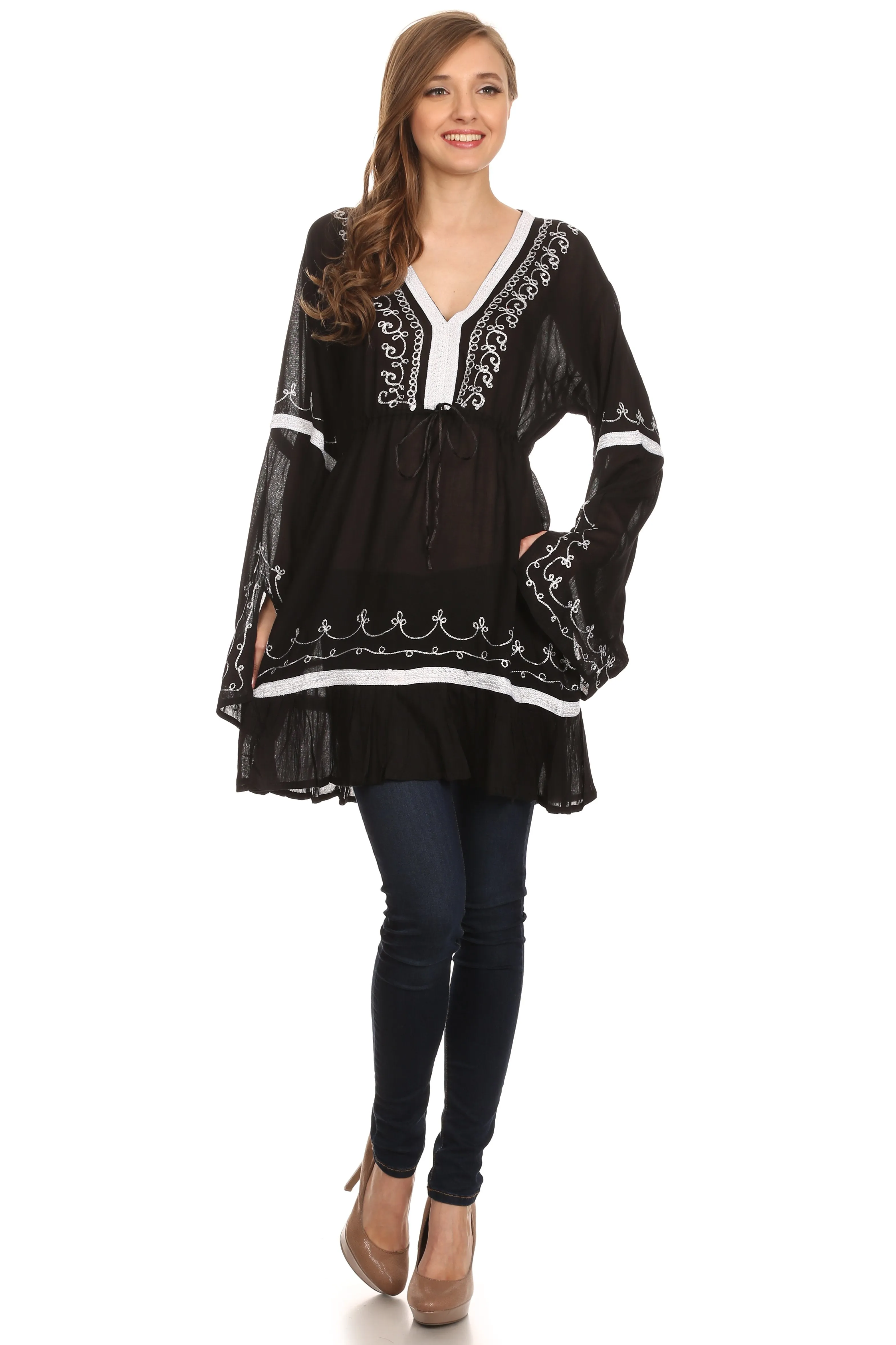 Sakkas Melina Embroidered V-Neck Kimono Sleeves Rayon Tunic Blouse / Cover-up