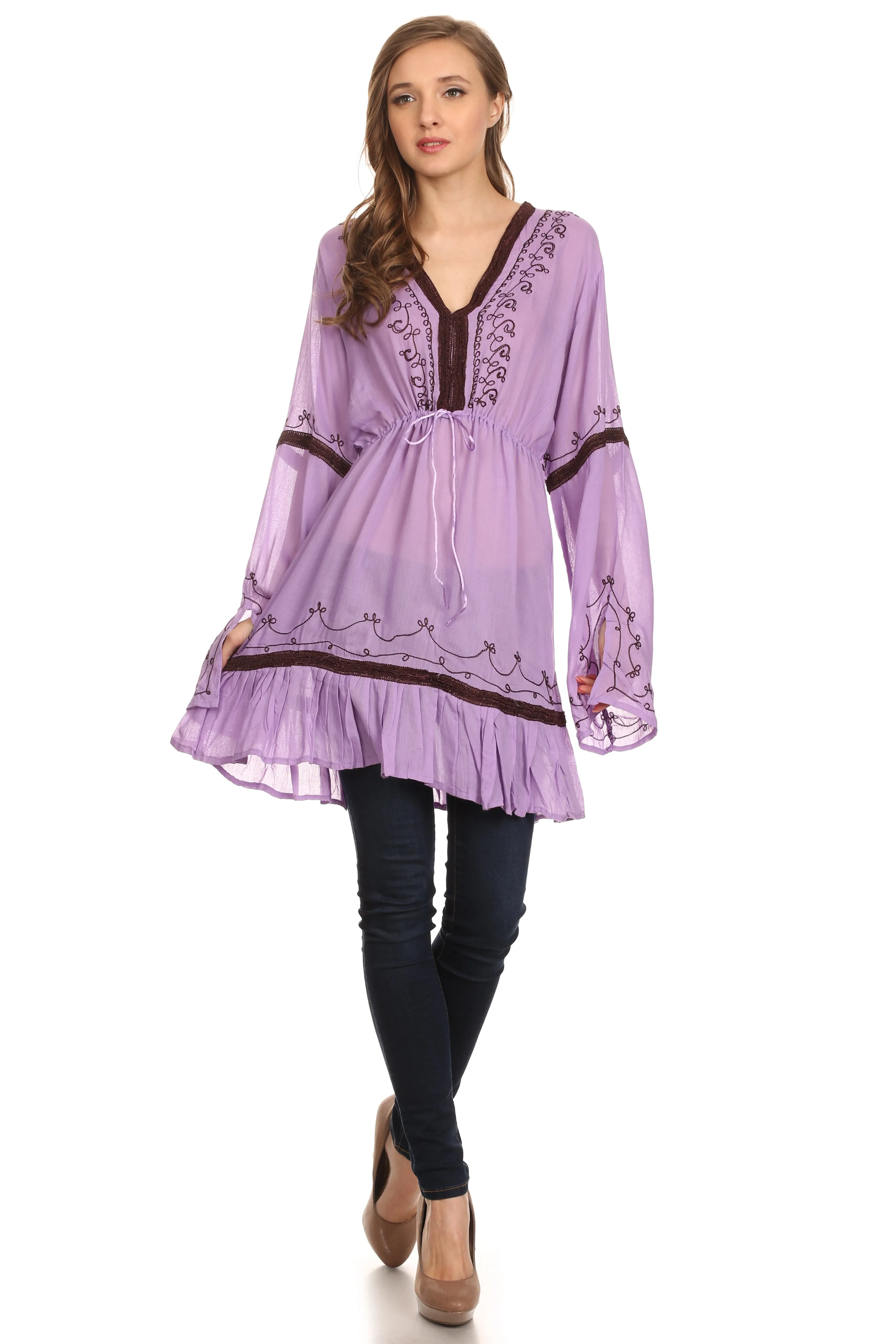 Sakkas Melina Embroidered V-Neck Kimono Sleeves Rayon Tunic Blouse / Cover-up