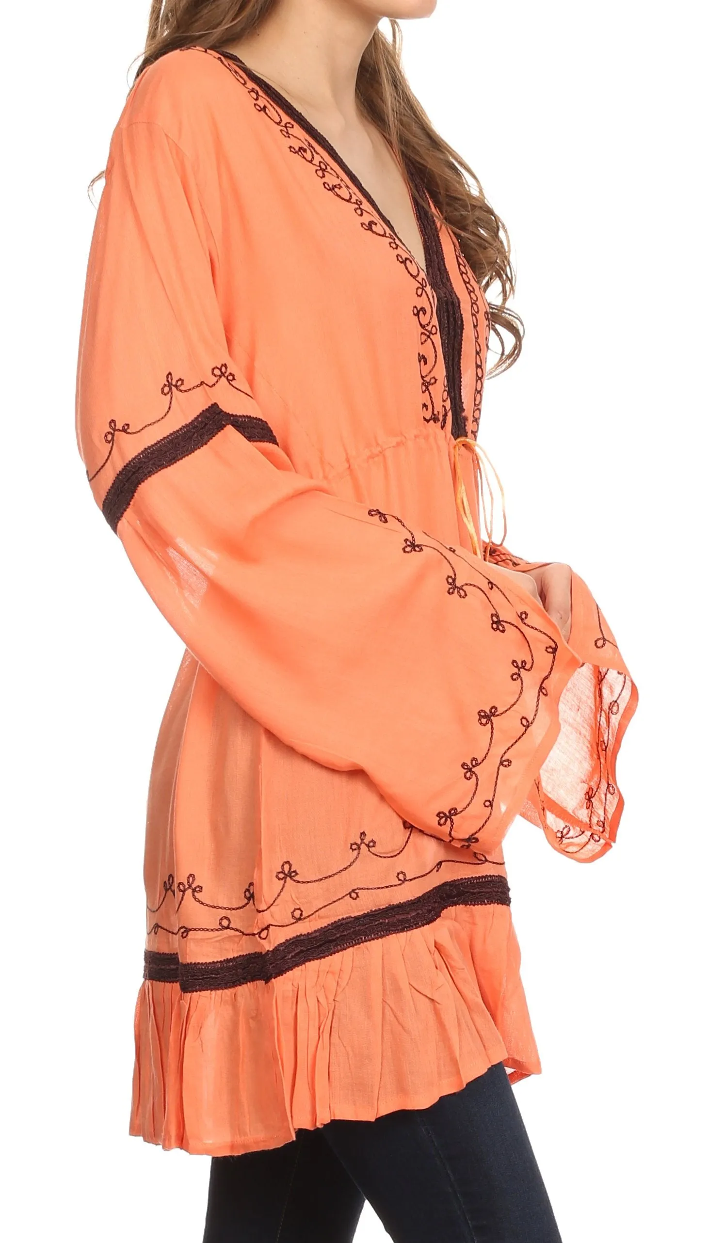 Sakkas Melina Embroidered V-Neck Kimono Sleeves Rayon Tunic Blouse / Cover-up