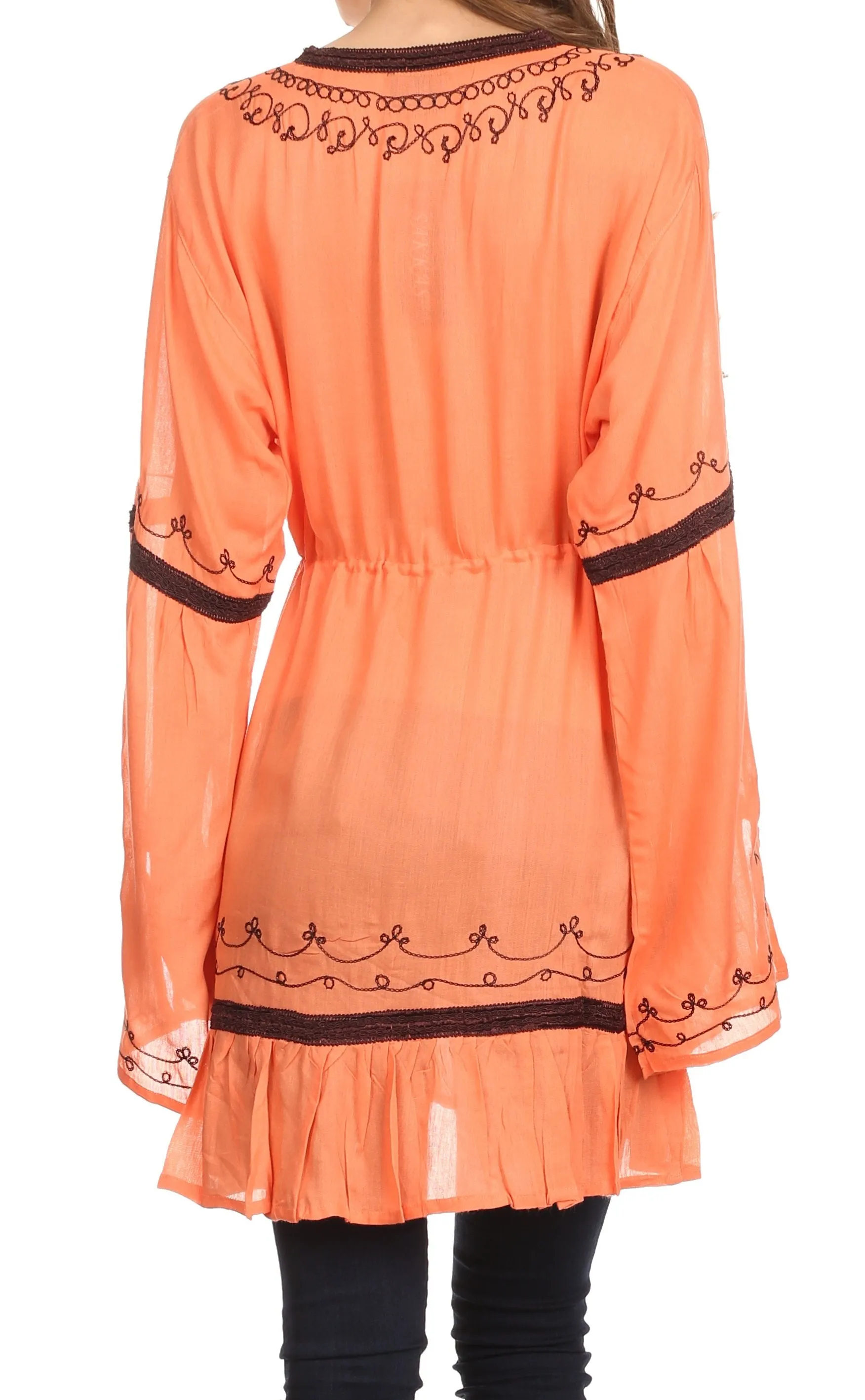 Sakkas Melina Embroidered V-Neck Kimono Sleeves Rayon Tunic Blouse / Cover-up