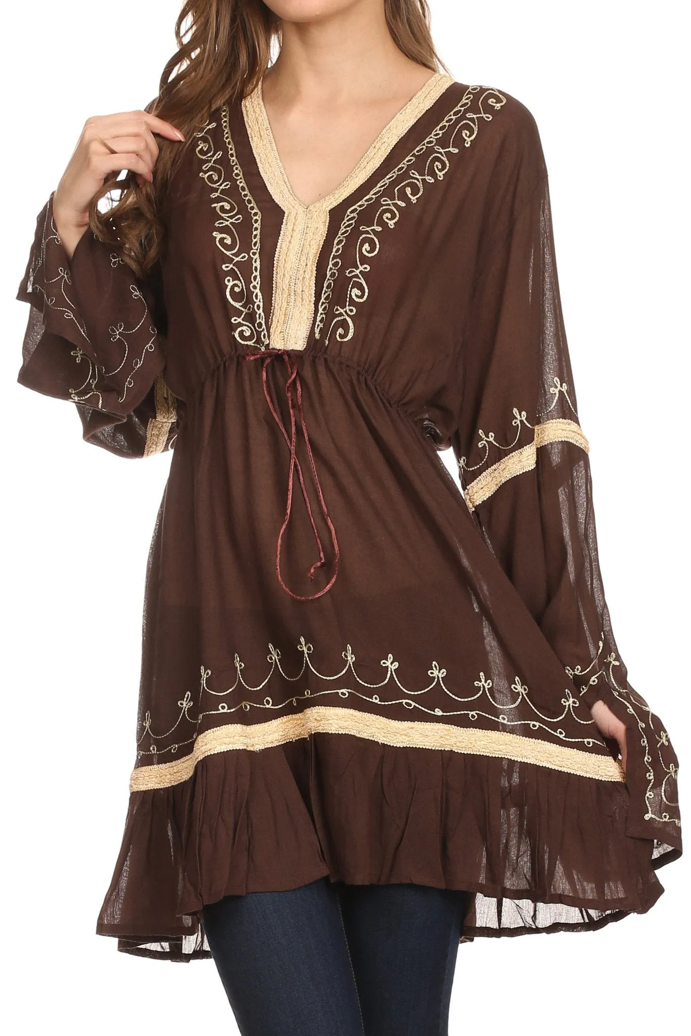 Sakkas Melina Embroidered V-Neck Kimono Sleeves Rayon Tunic Blouse / Cover-up