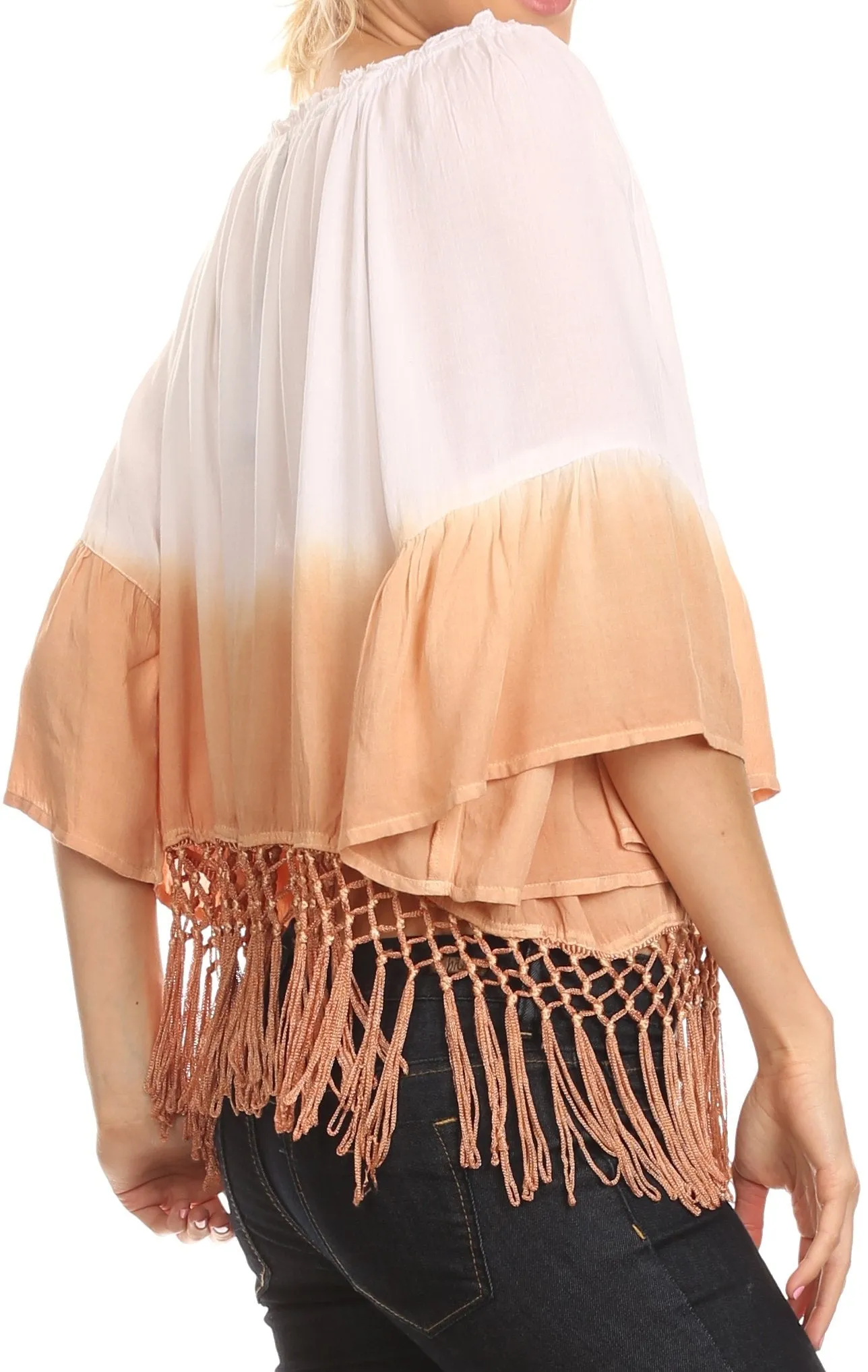 Sakkas Shax Short  Ombre Fringe Tassel 3/4 Wide Bell Sleeves Crop Top Blouse Shirt