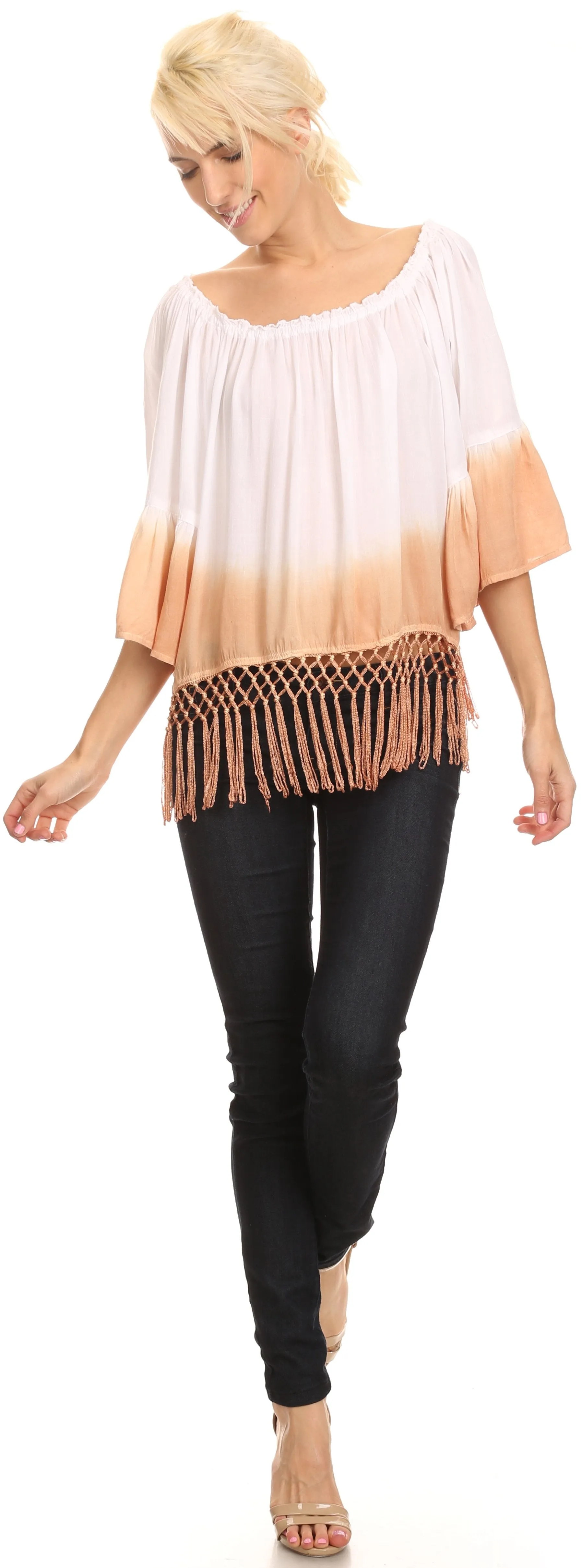 Sakkas Shax Short  Ombre Fringe Tassel 3/4 Wide Bell Sleeves Crop Top Blouse Shirt