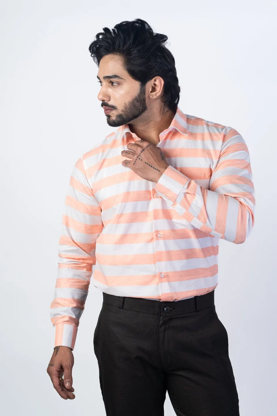 Salmon Orange Color Cotton Stripe Shirt For Men