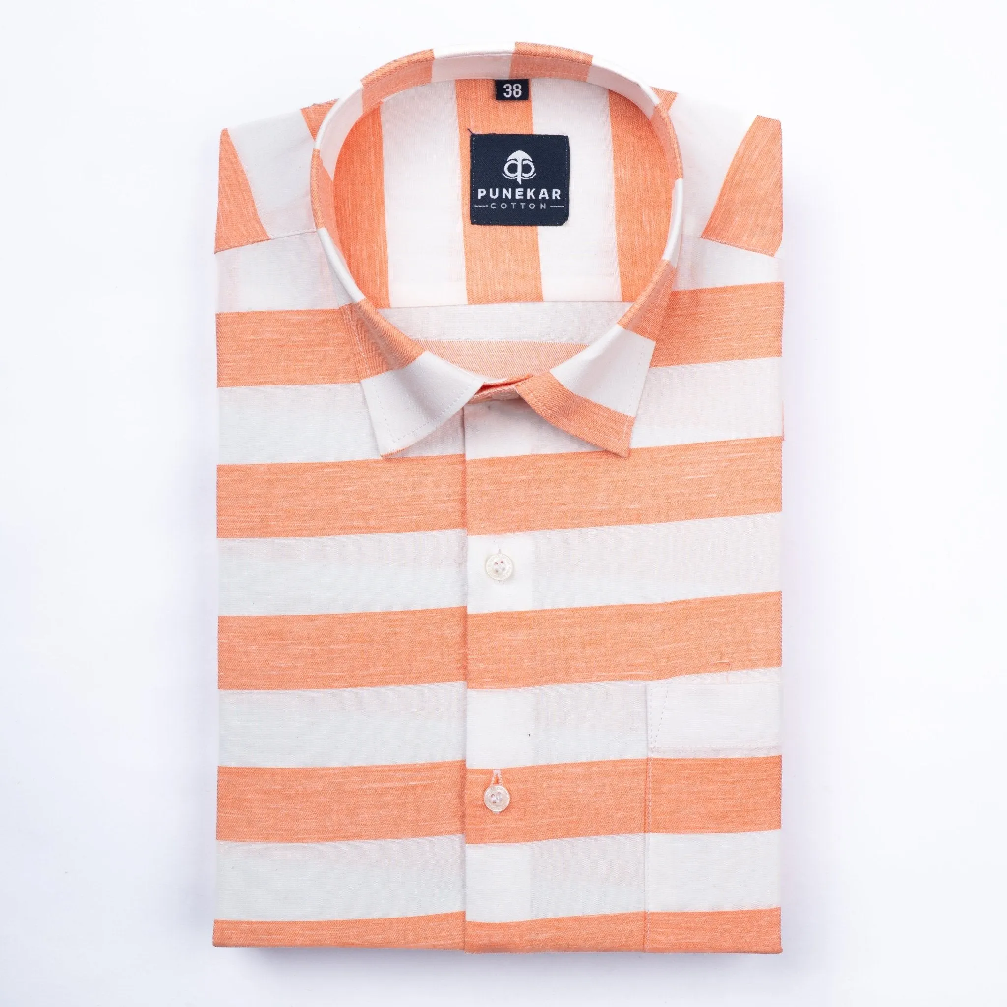 Salmon Orange Color Cotton Stripe Shirt For Men