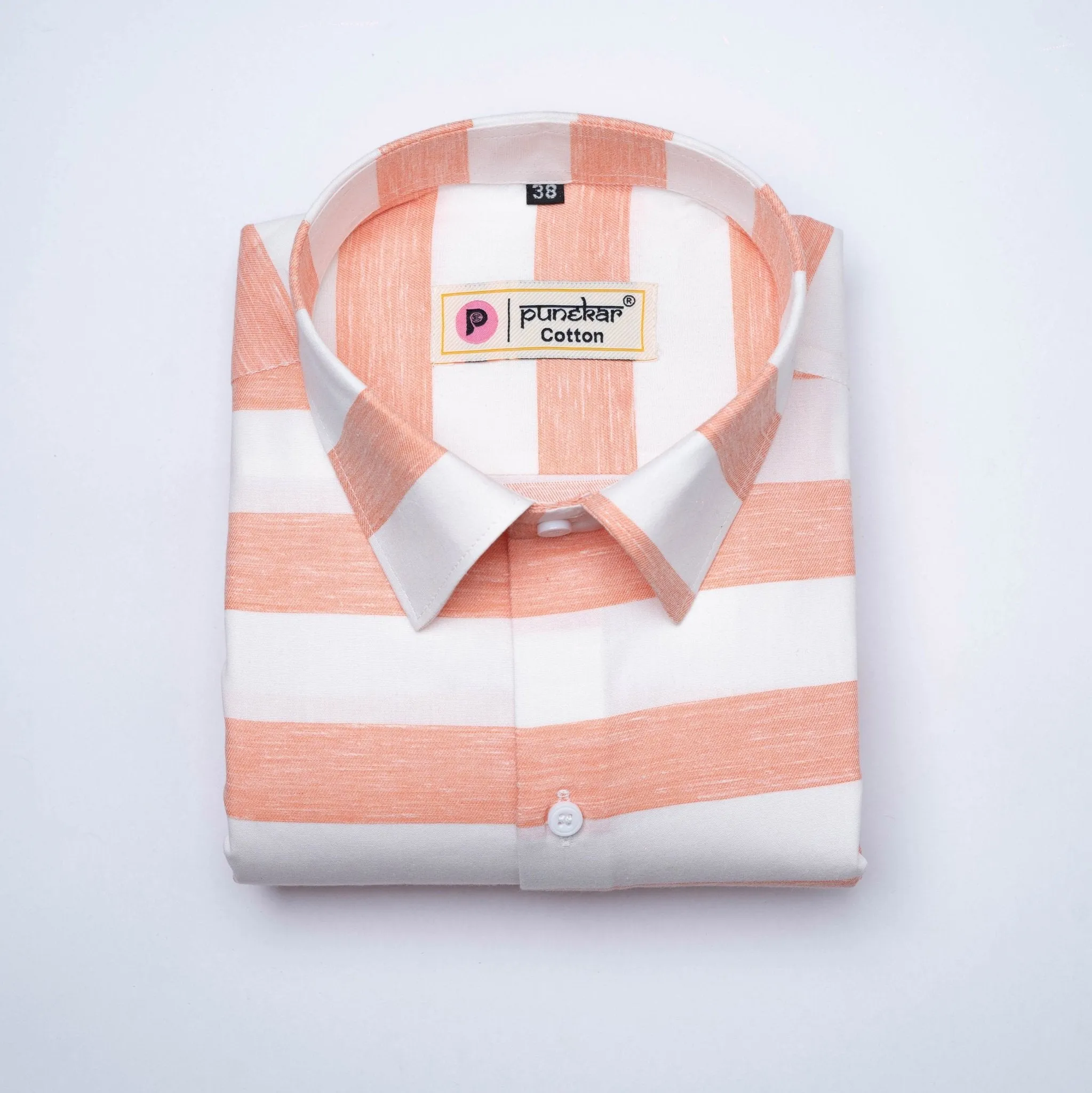 Salmon Orange Color Cotton Stripe Shirt For Men