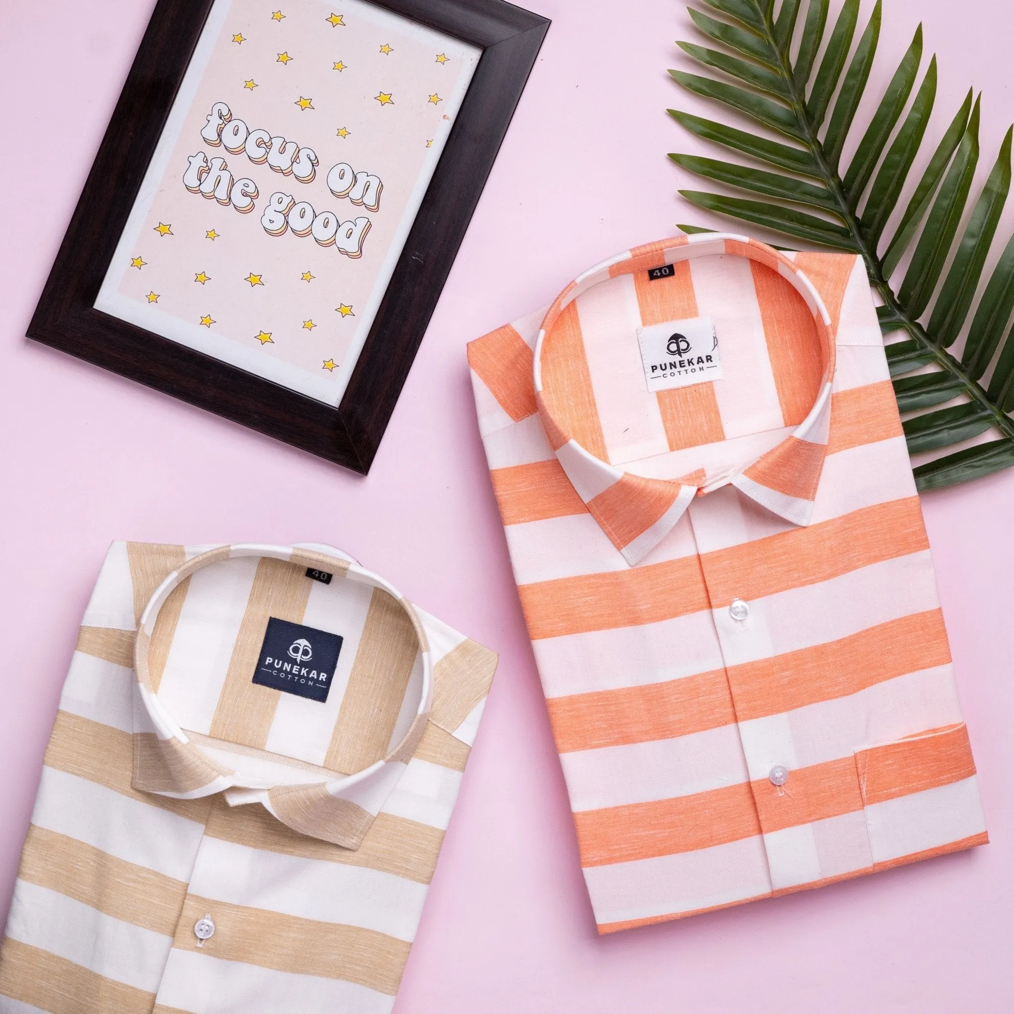 Salmon Orange Color Cotton Stripe Shirt For Men