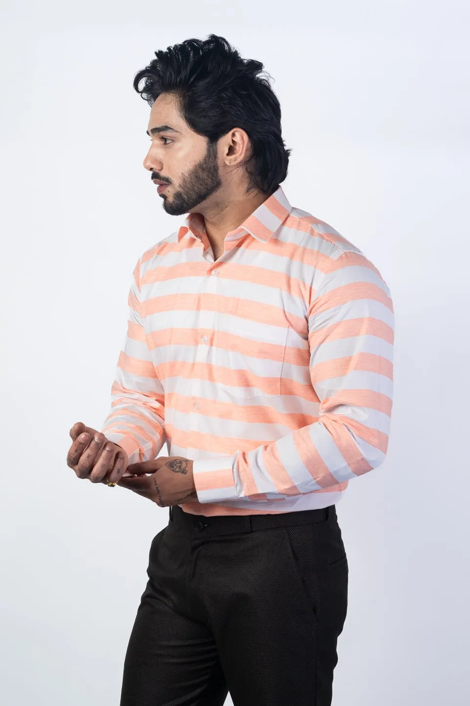 Salmon Orange Color Cotton Stripe Shirt For Men