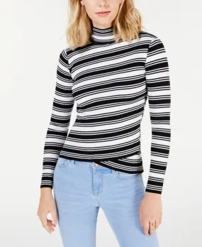 Say What? Junior's Striped Crossover Hem Mock Neck Sweater White Small