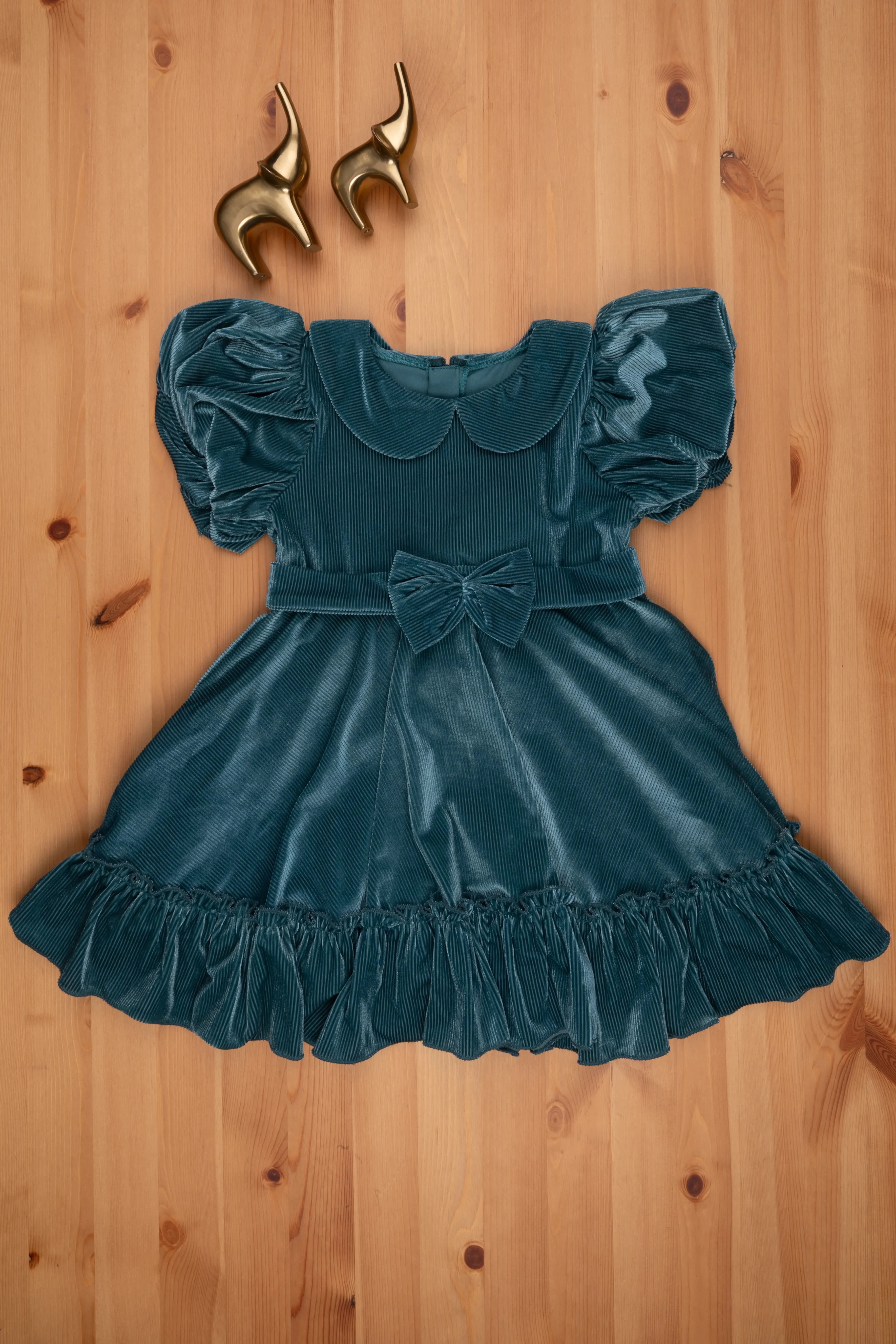 Sea Green Velvet Baby Girl Frock - Flared Sleeves & Bow Applique