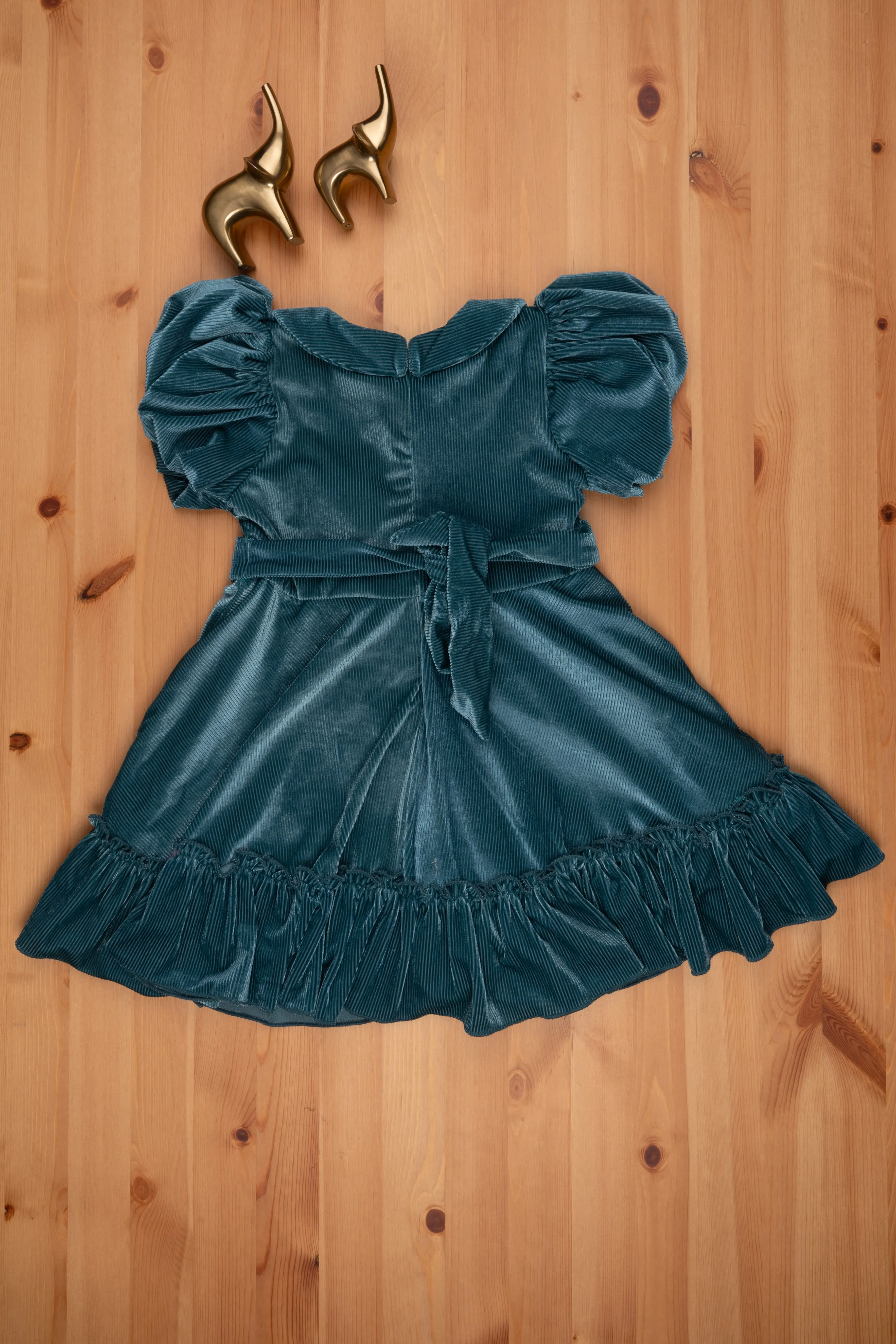 Sea Green Velvet Baby Girl Frock - Flared Sleeves & Bow Applique