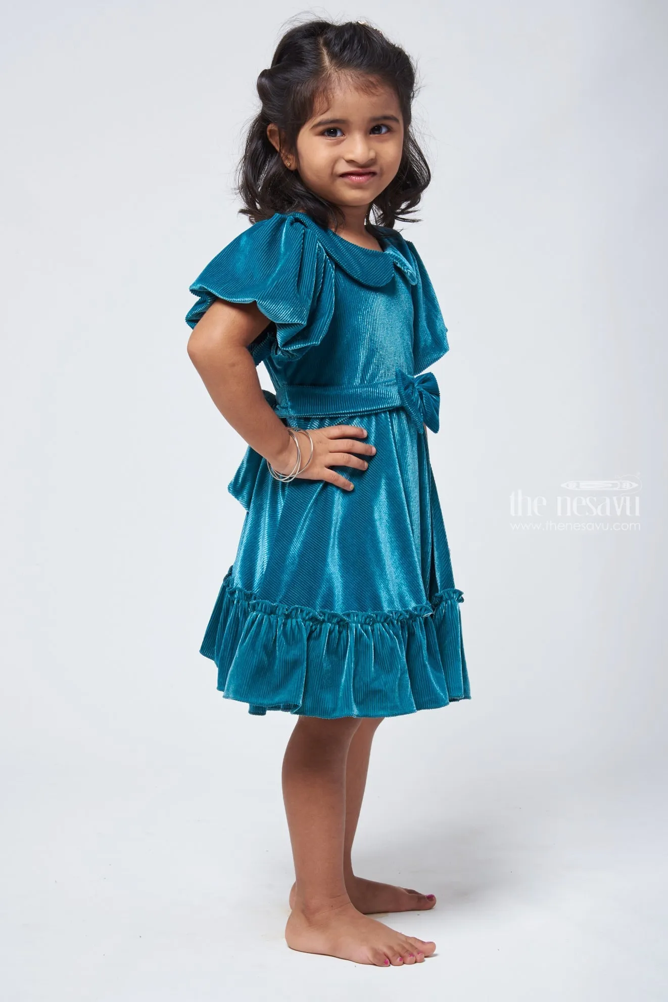 Sea Green Velvet Baby Girl Frock - Flared Sleeves & Bow Applique